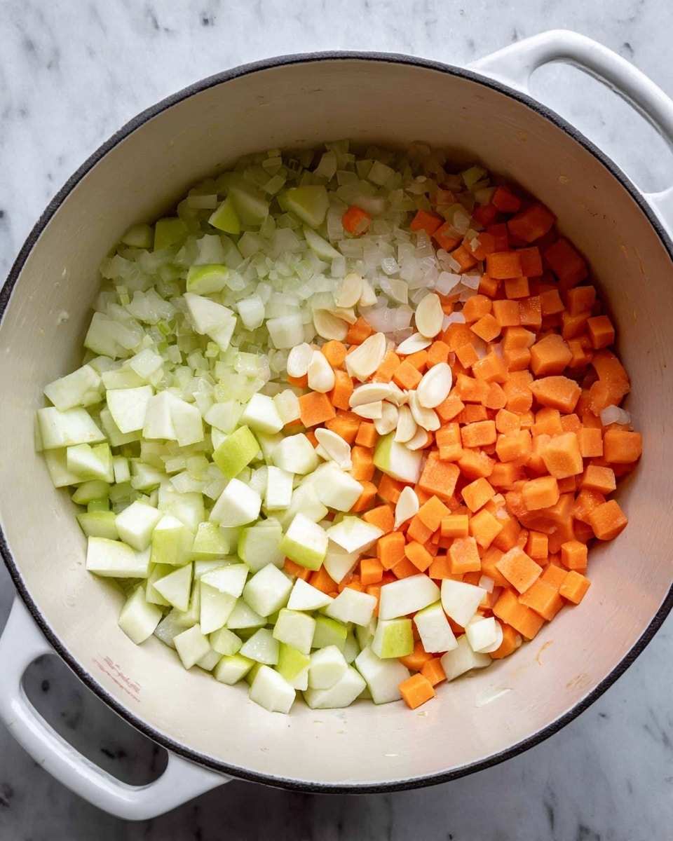 The image shows a white pot filled with three main layers of chopped ingredients. The bottom layer consists of small, translucent pieces of cooked onion scattered evenly. On top of this is a layer of small, bright orange carrot cubes placed mainly on the left side. The topmost layer has light green and white chopped apple pieces clustered on the right side, along with some scattered peeled garlic slices across the center. The pot sits on a white marbled surface, and the picture is taken from above. photo taken with an iphone --ar 4:5 --v 7