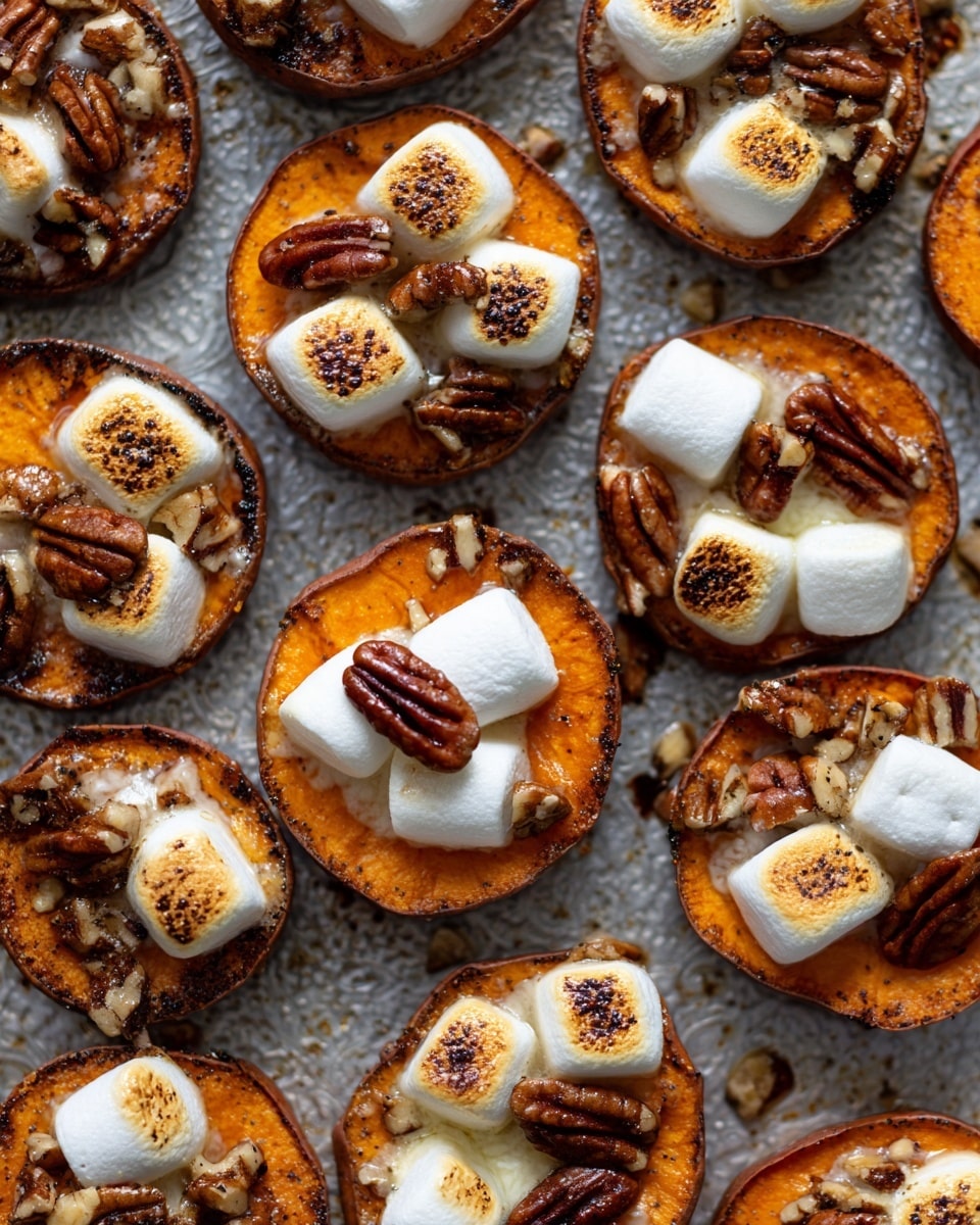 The image shows many small round slices of roasted sweet potato on a baking tray with a light textured surface. Each slice has a base layer of dark orange sweet potato with a slightly wrinkled and caramelized skin. On top of each slice, there are 3 to 5 toasted marshmallows that are white with brown golden spots, melted gently over the sweet potato. Small chopped pieces of pecans are scattered among the slices, adding texture and color contrasts with their brown shells. The overall look is warm and inviting with a mix of soft, melted, and crunchy textures. photo taken with an iphone --ar 4:5 --v 7