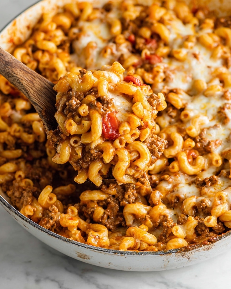 A close-up of a white pan filled with elbow macaroni pasta mixed with ground meat, small red tomato pieces, and melted cheese on top. The pasta is orange from sauce, and the cheese is lightly browned in spots, showing a soft, gooey texture. There is a wooden spoon lifting a scoop of the pasta mixture from the pan, highlighting the layers of pasta, meat, tomato, and cheese. The pan sits on a white marbled surface. photo taken with an iphone --ar 4:5 --v 7