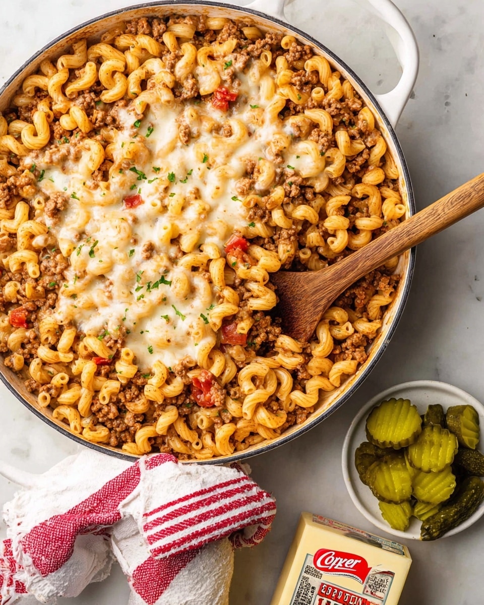 A large white pan filled with baked elbow macaroni mixed with browned ground meat and visible small red tomato pieces. The top layer is covered in melted, slightly browned white cheese with a few small green herb bits sprinkled. A wooden spoon rests inside the pan, slightly digging into the pasta. Next to the pan, there is a white dish towel with red stripes wrapped around the pan handle, a block of Cooper processed American cheese packaging laid flat, and a small bowl of sliced green pickles on a white marbled surface photo taken with an iphone --ar 4:5 --v 7