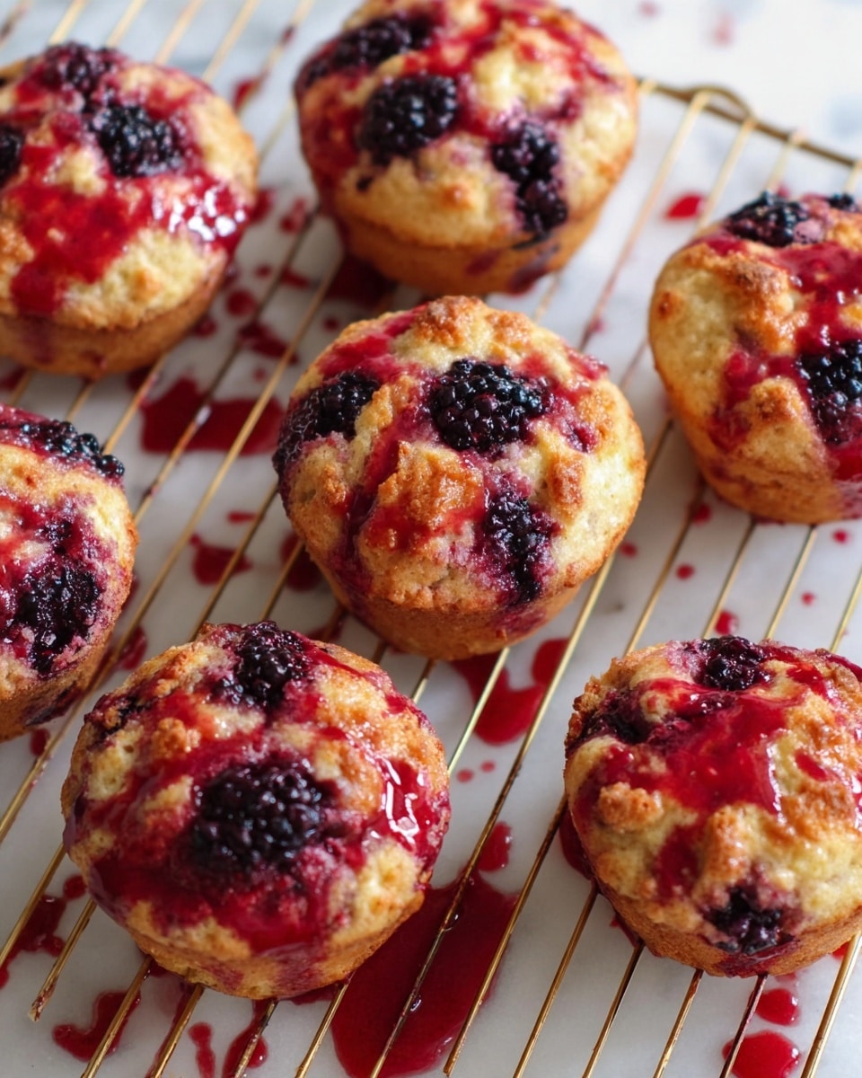 The image shows golden-brown muffins topped with whole blackberries and covered with a shiny, red berry sauce that drips down the sides. The muffins are arranged on a gold wire cooling rack with drops of the red sauce scattered below, creating a colorful contrast against the white marbled surface underneath. Each muffin has a rough, textured top with visible pieces of berries baked inside, while the red sauce adds a glossy, wet layer that highlights the deep purple blackberries. The overall look is vibrant and fresh, with the warm tones of the muffins offset by the bright berry glaze. Photo taken with an iphone --ar 4:5 --v 7