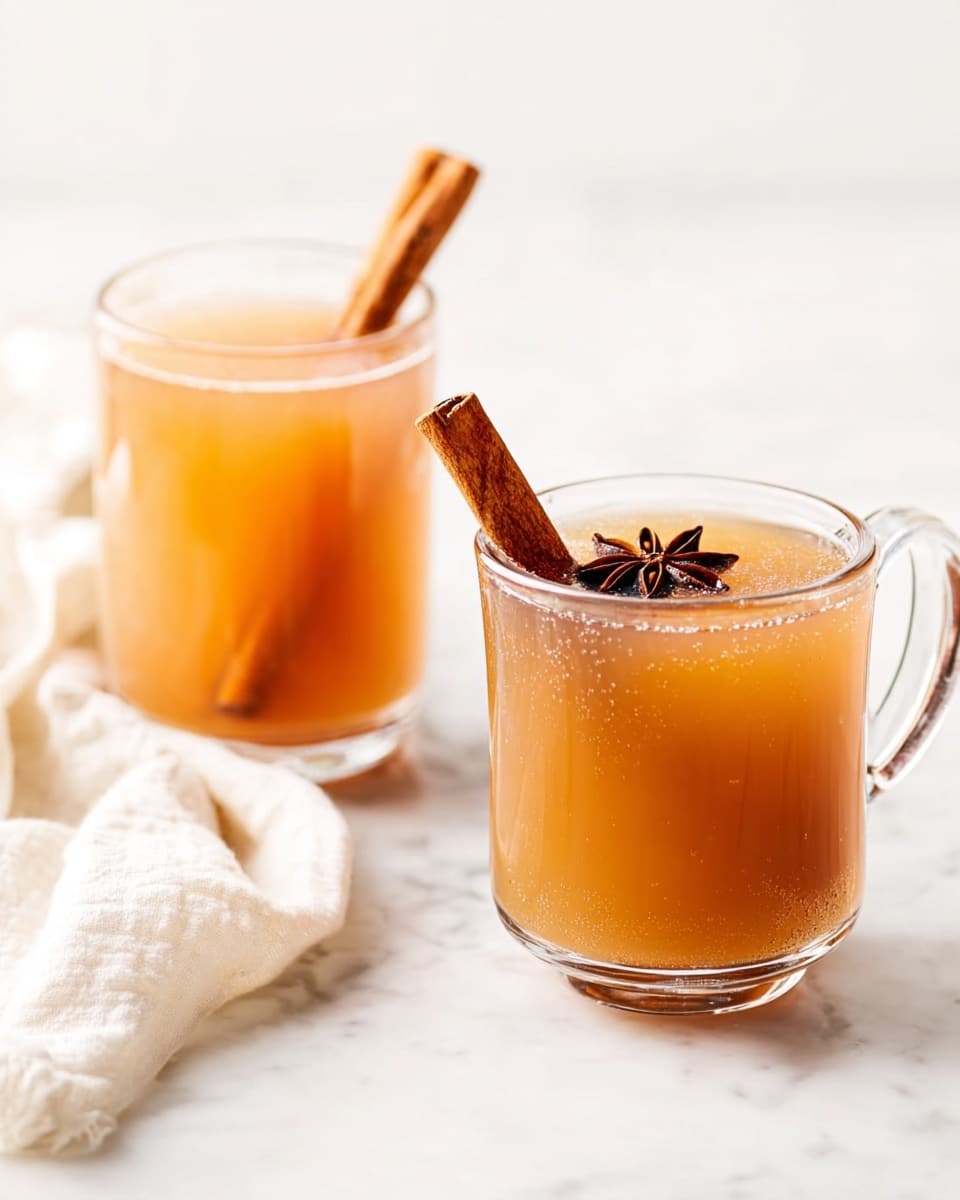 Two clear glass mugs sit on a white marbled surface, each filled with a warm light brown drink that has a slightly textured look. The mug in the front shows a cinnamon stick standing vertically on the left side and a star anise floating on top near the center. The mug in the back has a wooden stick inside, slightly blurred, with a white cloth softly placed nearby, adding a cozy feel to the scene. photo taken with an iphone --ar 4:5 --v 7
