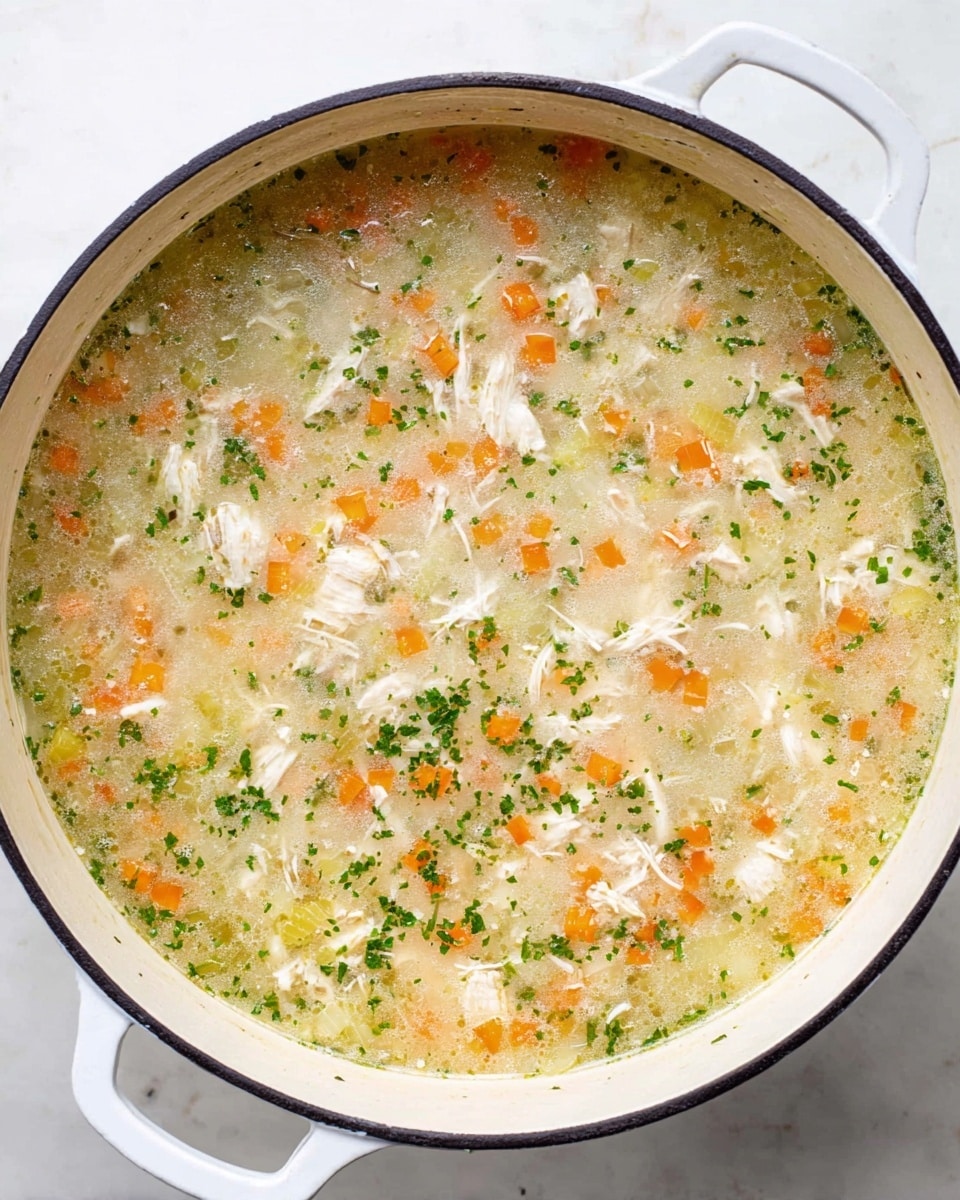 A large white pot filled with chicken soup is shown from above, resting on a white marbled surface. The soup has a light, slightly cloudy broth with small pieces of shredded white chicken spread throughout. Floating in the broth are diced orange carrots and small bits of pale green celery, mixed evenly. The surface is sprinkled with finely chopped green herbs, adding a touch of color contrast to the light soup. The pot has a white interior with a black rim, and the handles on each side match the pot’s white color. photo taken with an iphone --ar 4:5 --v 7
