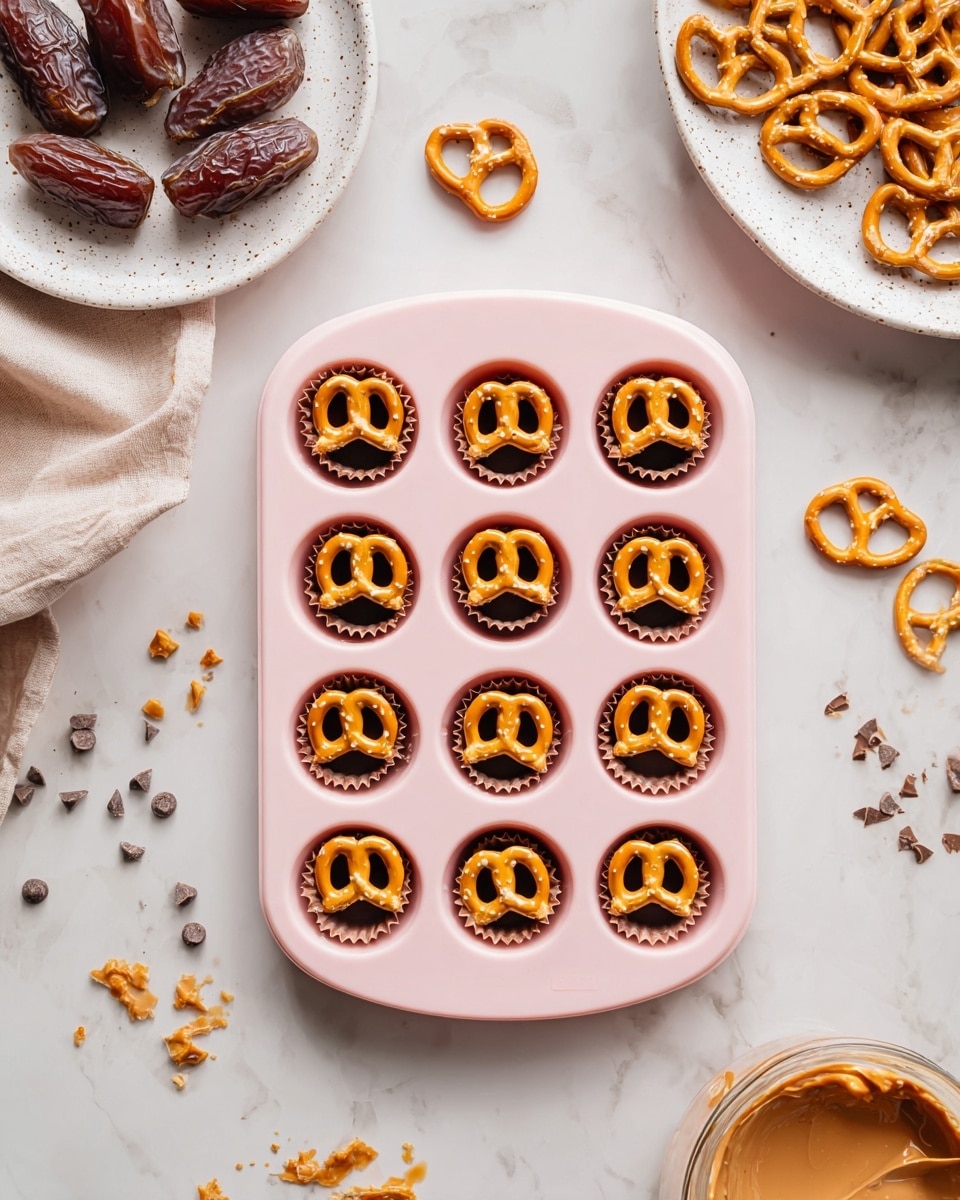 A light pink silicone mold holds 12 small round treats, each with three visible layers: the bottom is dark brown, the middle is light tan chocolate filling, and the top is a whole salted pretzel with a shiny finish. The mold is on a white marbled surface scattered with broken pretzel pieces and a few chocolate chips. A white speckled plate with whole dates is partially visible on the left, and a white plate with more pretzels is above the mold on the right. A bowl of light tan chocolate and a spoon with white cream on it are near the bottom, all in soft natural light. Photo taken with an iphone --ar 4:5 --v 7