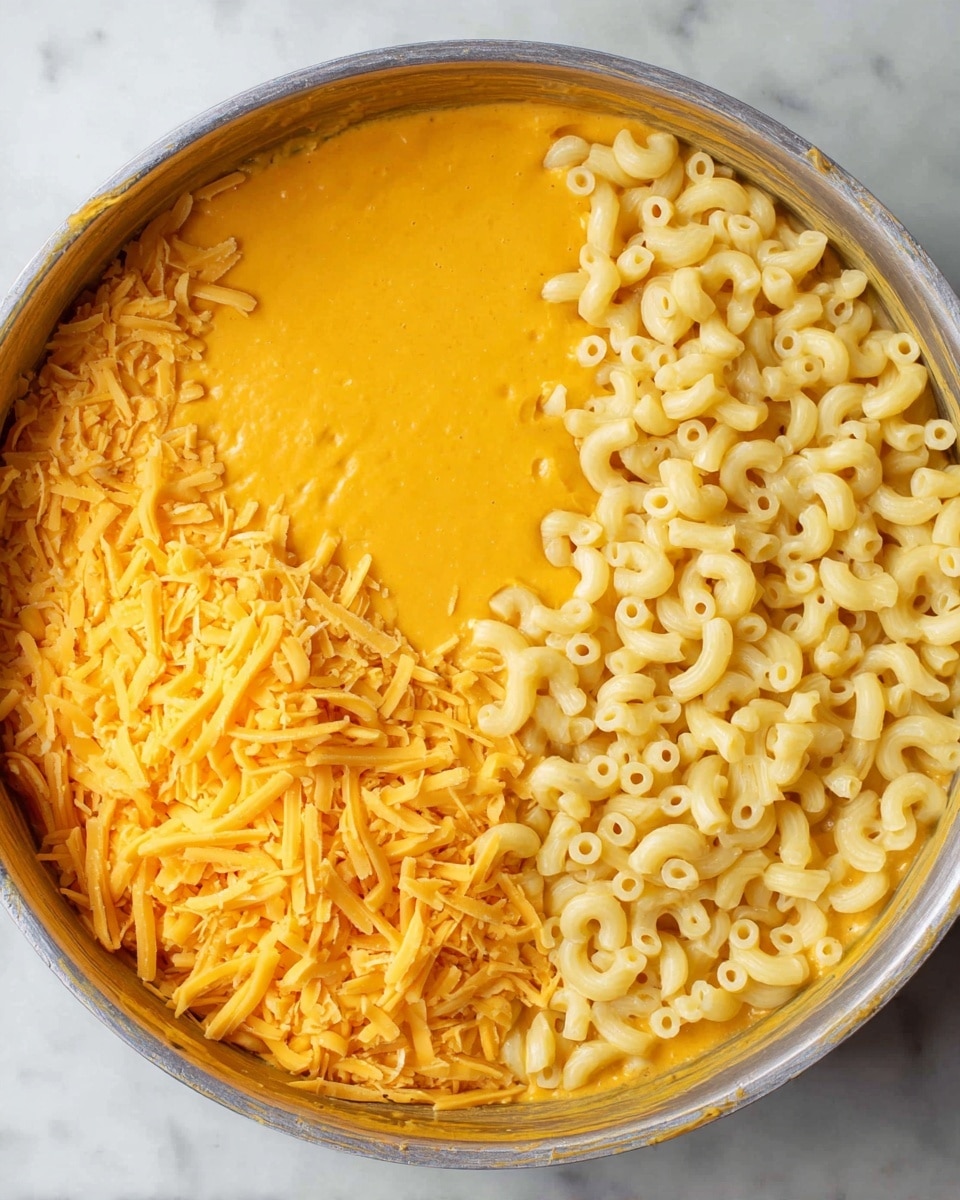 A round metal pan filled with three main layers visible from the top: at the bottom, a thick layer of smooth, bright orange cheese sauce spread evenly across the pan; covering half of the pan on the upper right side, a layer of pale yellow elbow macaroni with a soft texture; and on the lower left half of the macaroni, a generous layer of shredded sharp orange cheddar cheese scattered unevenly, adding a rough texture on top. The pan sits on a white marbled surface. photo taken with an iphone --ar 4:5 --v 7