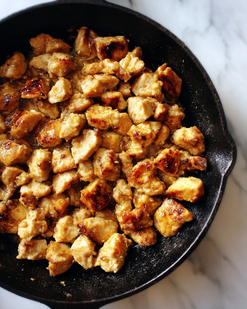 The image shows a black cast iron pan filled with many small pieces of cooked chicken. The chicken pieces are golden brown and crispy on the edges, with a shiny, slightly oily surface that shows they were cooked in oil. The pan's texture looks rough and well-used, and the background is a white marbled surface. Photo taken with an iphone --ar 4:5 --v 7