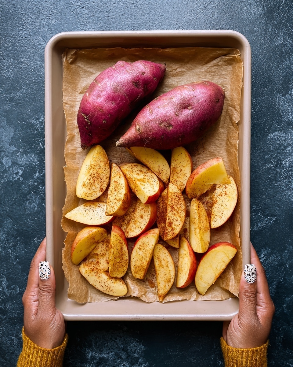 A beige baking tray lined with brown parchment paper holds two shiny, smooth sweet potatoes on the top half, their skins deep reddish-purple with slight rough patches, and below them, many light yellow apple slices with red skin edges sprinkled evenly with brown cinnamon powder, creating a textured look. Two woman's hands with patterned nails hold the tray on the bottom corners over a dark blue textured surface, all against a white marbled background. photo taken with an iphone --ar 4:5 --v 7