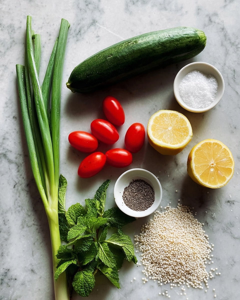 The image shows fresh ingredients arranged on a white marbled surface: a long dark green cucumber on the top left, a bunch of bright red grape tomatoes below it, a few green spring onions extending from the bottom left corner, and a fresh sprig of mint leaves near the center. Near the top right are two lemon halves with a bright yellow color and a small white bowl filled with salt next to them. Below the tomatoes is a small white bowl filled with black pepper. On the bottom right, there is a pile of small white round grains, possibly couscous or similar. photo taken with an iphone --ar 4:5 --v 7