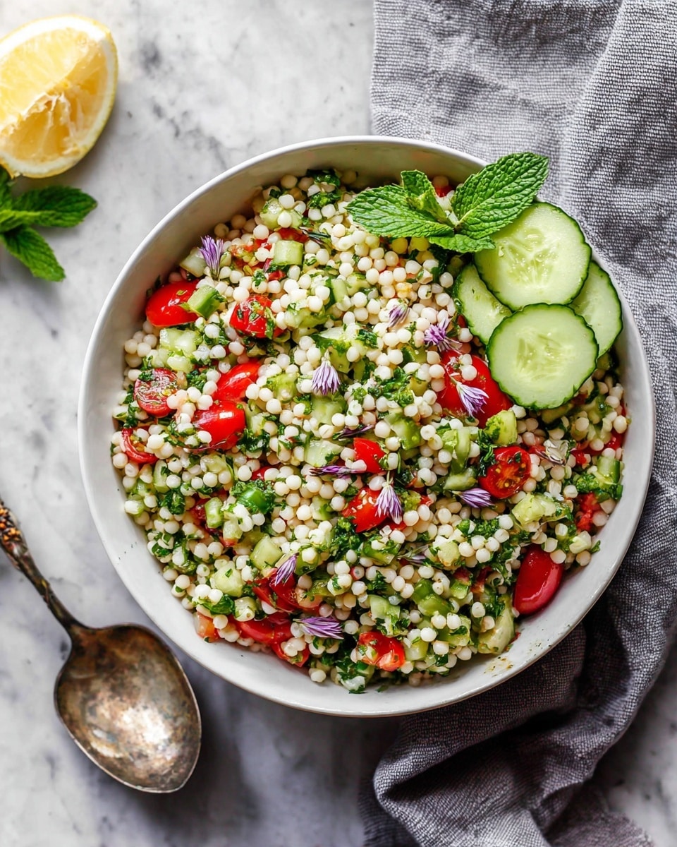 A white bowl filled with a colorful pearl couscous salad sits on a white marbled surface. The salad shows three main layers: the bottom layer is pearl couscous, small round and creamy white grains; the middle layer has chopped red cherry tomato pieces evenly scattered; the top layer consists of chopped green herbs and spring onions, adding shades of green, along with a few small purple flower petals. On the top of the salad, three thin slices of cucumber are placed overlapping, with a small mint leaf on one slice. A spoon with some salad rests just outside the bowl, and there is a lemon wedge near the bowl's edge. A grey cloth is softly folded near the bowl’s top corner. photo taken with an iphone --ar 4:5 --v 7