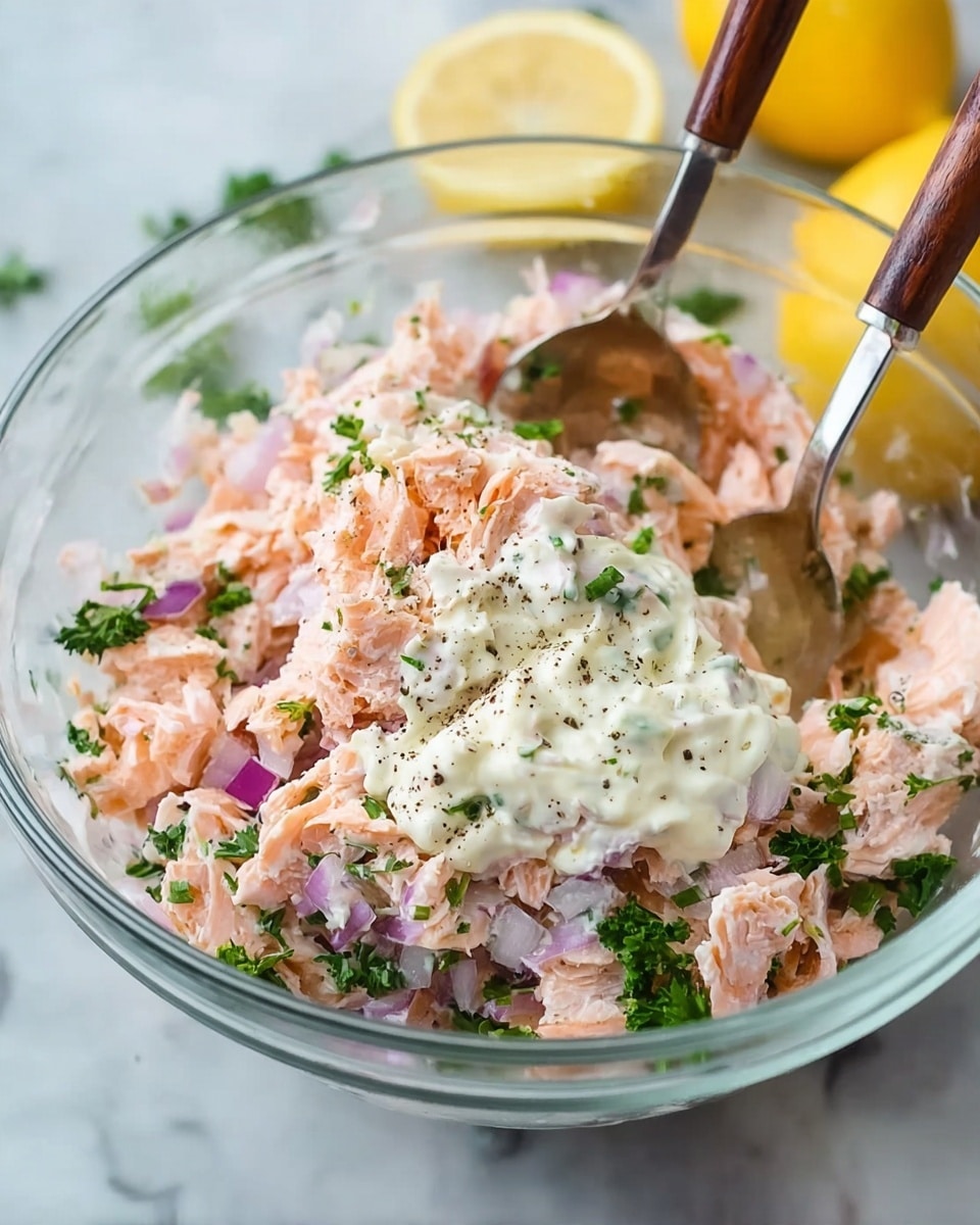 A clear glass bowl filled with a mix of shredded pink salmon, white creamy mayo or sauce with black pepper on top, small pieces of white onion, chopped green parsley, and some purple bits of onion or shallots, with two wooden-handled metal spoons partly inside the bowl, all placed on a white marbled surface with blurred yellow lemon halves in the back; the textures are flaky for the salmon, smooth and creamy for the sauce, and leafy for the parsley photo taken with an iphone --ar 4:5 --v 7