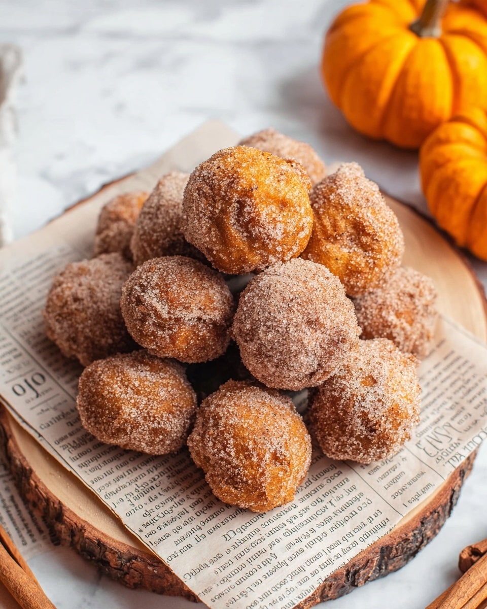 A pile of about twelve small round pumpkin fritters covered with a rough cinnamon sugar coating, stacked irregularly in the center on a layer of newspaper. The newspaper rests on a wood slice that creates a natural, circular base. The background shows a soft white marbled texture with two small whole orange pumpkins on the upper right side and pieces of cinnamon sticks slightly visible at the bottom right. The overall color palette is warm with golden orange, light brown, and white tones. Photo taken with an iphone --ar 4:5 --v 7