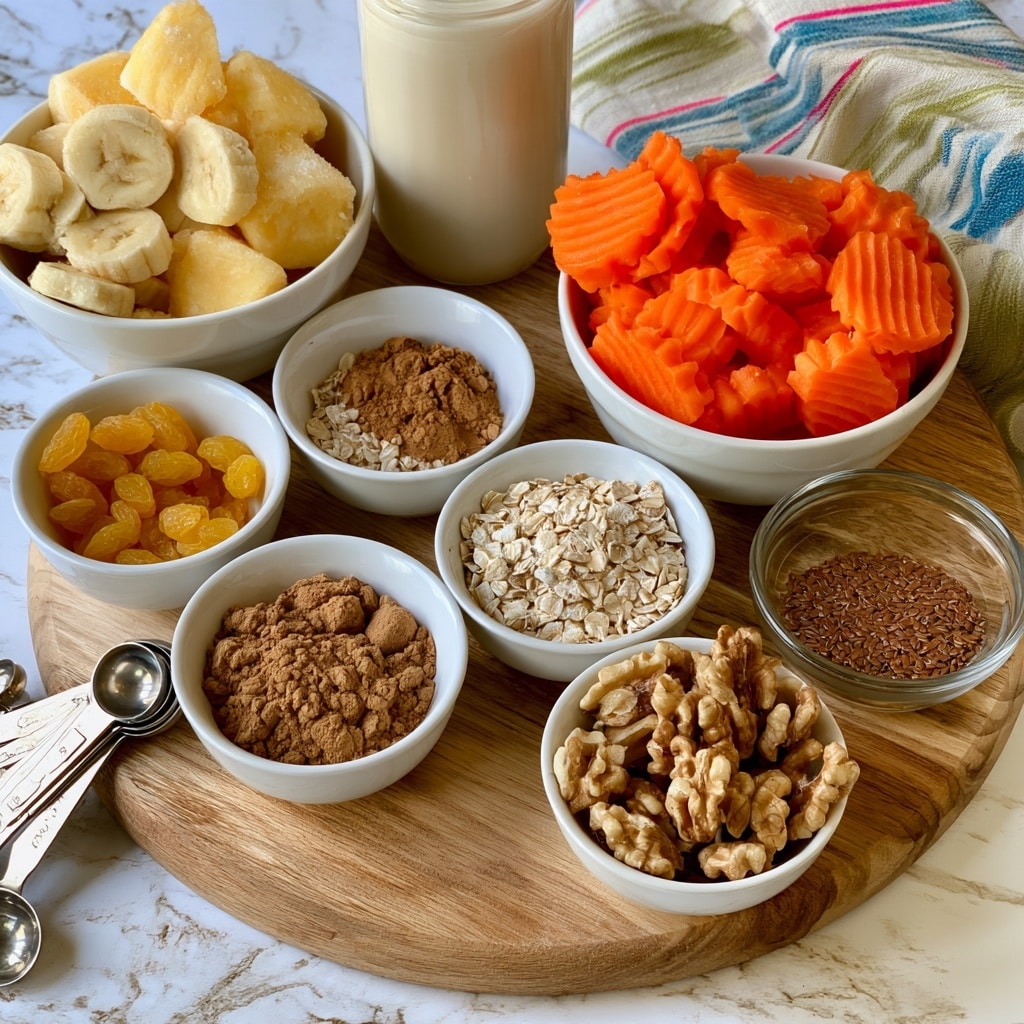 The image shows a white marbled surface with several bowls and a jar arranged around a round wooden board. On the board, a white bowl holds frozen banana slices and pineapple chunks, and another white bowl is filled with crinkle-cut bright orange carrot slices. Next to the board, a glass jar filled with creamy plant milk stands tall. Various small white bowls hold different ingredients: one with yellow raisins, another with rolled oats, a third has raw walnut halves mixed with ground flaxseed, and a small glass bowl contains brown cinnamon and nutmeg powders side by side. A set of silver measuring spoons with allspice sits near the bowls. A striped cloth with blue, green, and pink lines lies on the white marbled surface. The photo taken with an iphone --ar 4:5 --v 7