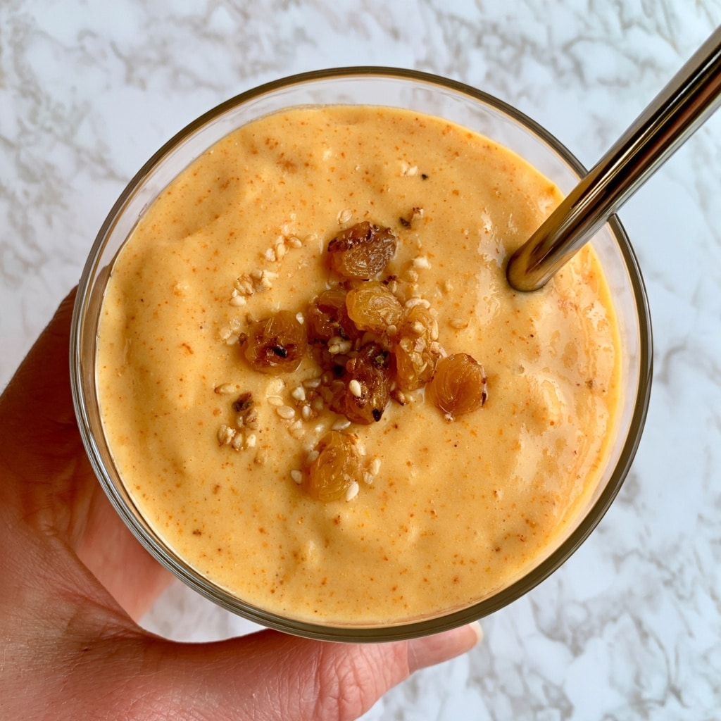 A clear glass filled with a creamy light orange smoothie topped with small golden raisins and sesame seeds scattered on the surface. A silver metal straw is placed inside the smoothie on the right side. A woman's hand is holding the glass from the bottom against a white marbled texture background. The smoothie has a smooth, slightly thick texture with tiny visible specks throughout. Photo taken with an iphone --ar 4:5 --v 7