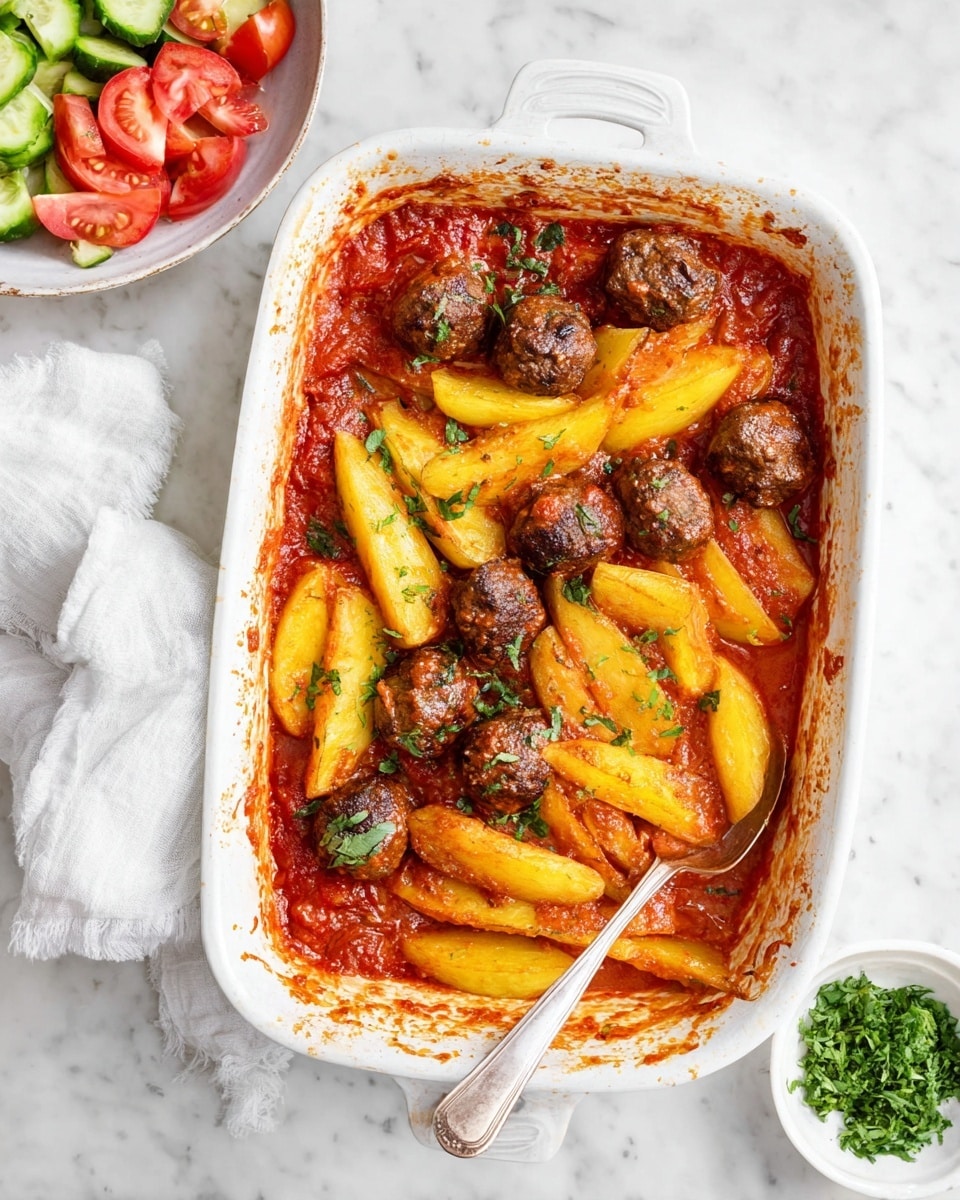 The image shows a white baking dish filled with a baked meal that has two main layers. The bottom layer is a thick, red tomato sauce that covers the base and sides of the dish with some sauce stains on the edges. On top, there are golden-yellow potato wedges and dark brown meatballs, both partially covered with more of the red sauce. The potato wedges have a soft and slightly shiny texture, while the meatballs appear dense and cooked with small bits of herbs visible. The dish rests on a white marbled surface, and to the right inside the dish, a silver spoon is partially submerged in the sauce, touching some potato wedges and meatballs. In the top left corner, there is a white bowl with a fresh salad of red tomato pieces, cucumber slices, and some herbs, and below the dish, a folded white cloth is partially visible. At the lower right corner of the image, there is a small white bowl with chopped fresh green herbs. photo taken with an iphone --ar 4:5 --v 7