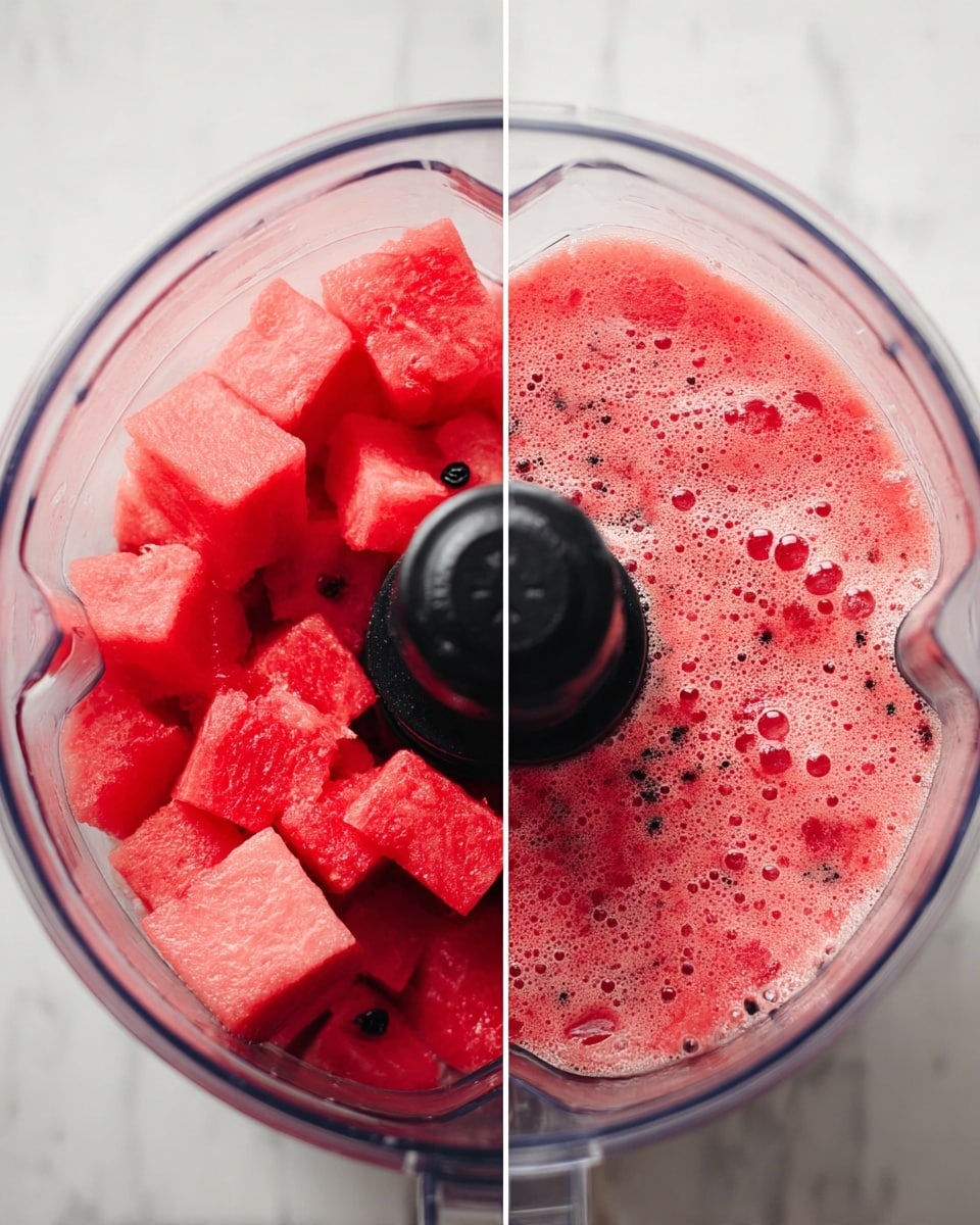 The image shows two close-up views of a clear food processor bowl placed on a white marbled surface. On the left, solid, bright red watermelon cubes with some seeds are layered inside the food processor, surrounding the black center blade stand. On the right, the watermelon has been blended into a light red, frothy liquid with small bubbles covering the surface, still inside the clear bowl with the black center. The details of the watermelon texture and the clear plastic of the bowl are very sharp. photo taken with an iphone --ar 4:5 --v 7