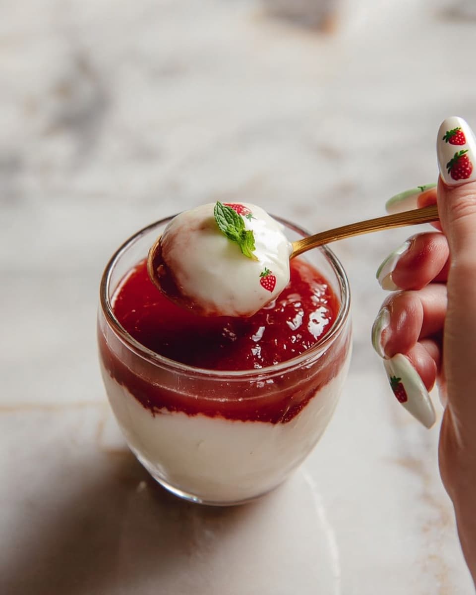 A clear glass cup holds a dessert with two visible layers: a thick red sauce or puree at the bottom and a smooth white cream on top. A golden spoon with a white handle is lifting a spoonful of the dessert, showing the mix of red and white layers. A small green mint leaf peeks out from the cream layer. A woman's hand with nails painted light green and decorated with red and white strawberry designs holds the spoon. The cup is set on a white marbled surface. Photo taken with an iphone --ar 4:5 --v 7