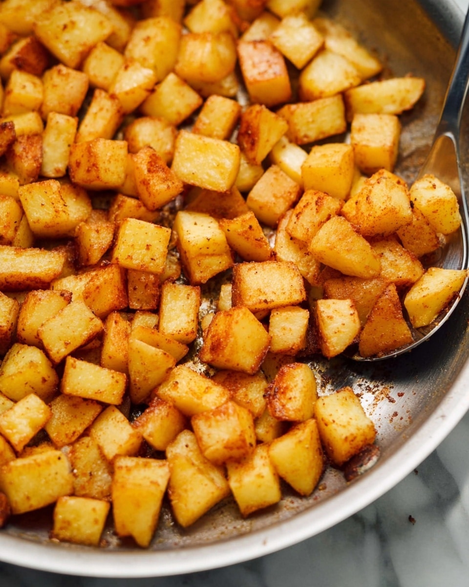 The image shows many small cubes of cooked potatoes that are golden and slightly brown with spices on them. The cubes are inside a pan, with a silver spoon partly visible on the right side, lifting some of the potatoes. The potatoes have a soft, slightly shiny texture from the cooking oil, with some parts looking crispy. They are evenly cooked and close together, filling most of the pan on a white marbled surface. photo taken with an iphone --ar 4:5 --v 7