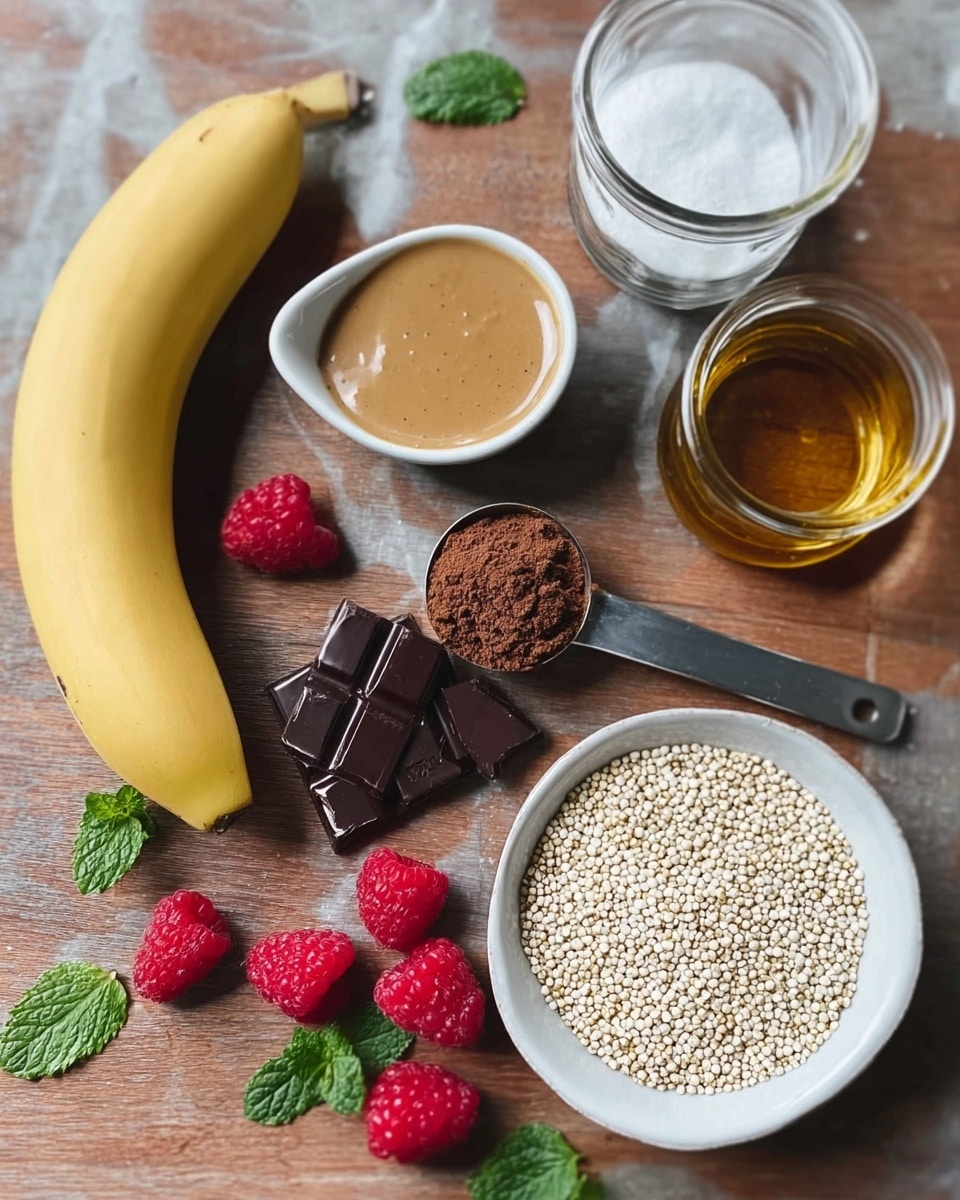 The image shows ingredients arranged on a wooden surface with a white marbled texture background. In the lower left corner, there is a bright yellow banana. To its right, three pieces of dark chocolate rest next to a silver measuring spoon filled with brown cocoa powder. Above the banana and chocolate, there is a small white bowl holding light brown peanut butter. Scattered around are fresh red raspberries and green mint leaves. Towards the top right, there is a clear glass jar filled with white sugar and another smaller glass container of golden honey. In the bottom right corner, a white bowl is filled with small, light beige quinoa grains. The scene is well lit with soft natural light. Photo taken with an iphone --ar 4:5 --v 7