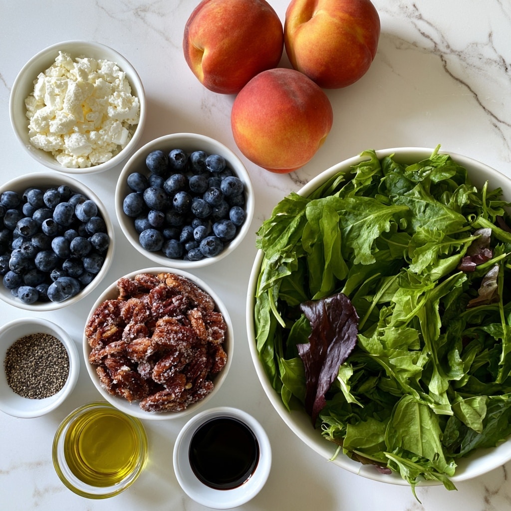 The image shows an arrangement of fresh ingredients on a white marbled surface. There is a white bowl filled with bright mixed greens, mostly leafy spinach and other salad leaves, positioned on the right side. Above this, three whole peaches with smooth skin in shades of orange and red are placed neatly in a small group. Around the left side of the image, several white bowls contain different ingredients: one with crumbled white feta cheese, another filled with deep blue blueberries, and a bigger bowl with a pile of candied pecans covered in sugar. A small white bowl contains crushed black pepper, and next to it is a small glass cup of golden extra virgin olive oil. Below these, a small white cup holds a dark balsamic glaze. All the items are laid out clearly in separate containers on the white marbled background, with good lighting that highlights the fresh and colorful textures. The photo taken with an iphone --ar 4:5 --v 7