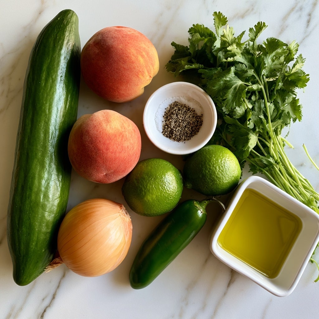 A group of fresh ingredients is arranged on a white marbled surface, including a long green cucumber, two round peaches with a soft reddish-orange color, a round yellow onion, and a bright green jalapeño pepper placed in the center. There are two green limes sitting close together near a small white bowl holding a mix of salt and pepper. Next to the bowl is a bunch of fresh green cilantro with leafy stems, and a white square dish filled with bright yellow olive oil. The image shows these items neatly spaced, ready to be used in cooking, photo taken with an iphone --ar 4:5 --v 7