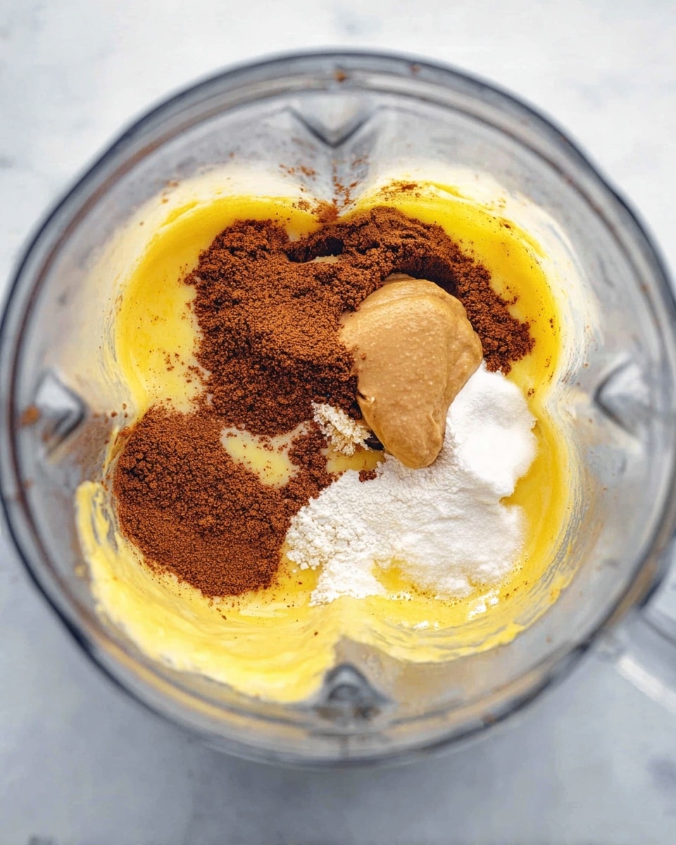 Inside a clear blender, there are four main layers of ingredients. The bottom layer is a thick yellow liquid butter spread evenly across the base. On top of this, along the right side, there is a little pile of white flour with a soft powder texture. Next to the flour, a light brown soft paste is spread a bit unevenly. Above all, mostly centered and stretching from left to right, there is a layer of dark brown cinnamon powder with a cracked dry texture. The blender is placed on a white marbled surface. Photo taken with an iphone --ar 4:5 --v 7