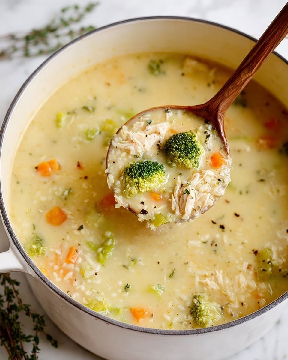 The image shows a white pot filled with creamy chicken soup that has a light yellow color. In the soup, there are visible small pieces of shredded chicken, light green broccoli florets, small orange carrot cubes, and pale green celery. The soup looks slightly thick with small herb flakes sprinkled throughout. A wooden ladle is lifting some soup, showing a close-up of the chunky mixture with chicken, vegetables, and rice or grains. The pot is placed on a white marbled surface with a few sprigs of fresh thyme nearby. Photo taken with an iphone --ar 4:5 --v 7