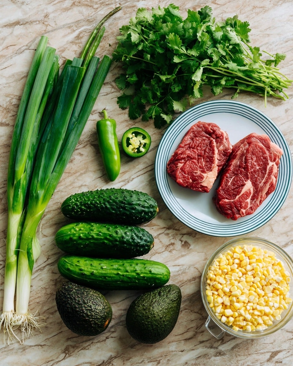 The image shows fresh ingredients arranged on a surface with a white marbled texture. There are three dark green cucumbers with bumpy skin lined up horizontally near the center. To the left, a bunch of green onions with long white ends and green tops lies next to a small green chili pepper. Above the cucumbers, a bunch of fresh cilantro with leafy green tops spreads outward. On the right side, two dark green avocados with rough skin are placed near the bottom, while above them a white plate with blue rings holds two raw red steaks with white marbling. Next to the avocados, there is a clear glass measuring cup filled with light yellow corn kernels. The photo taken with an iphone --ar 4:5 --v 7