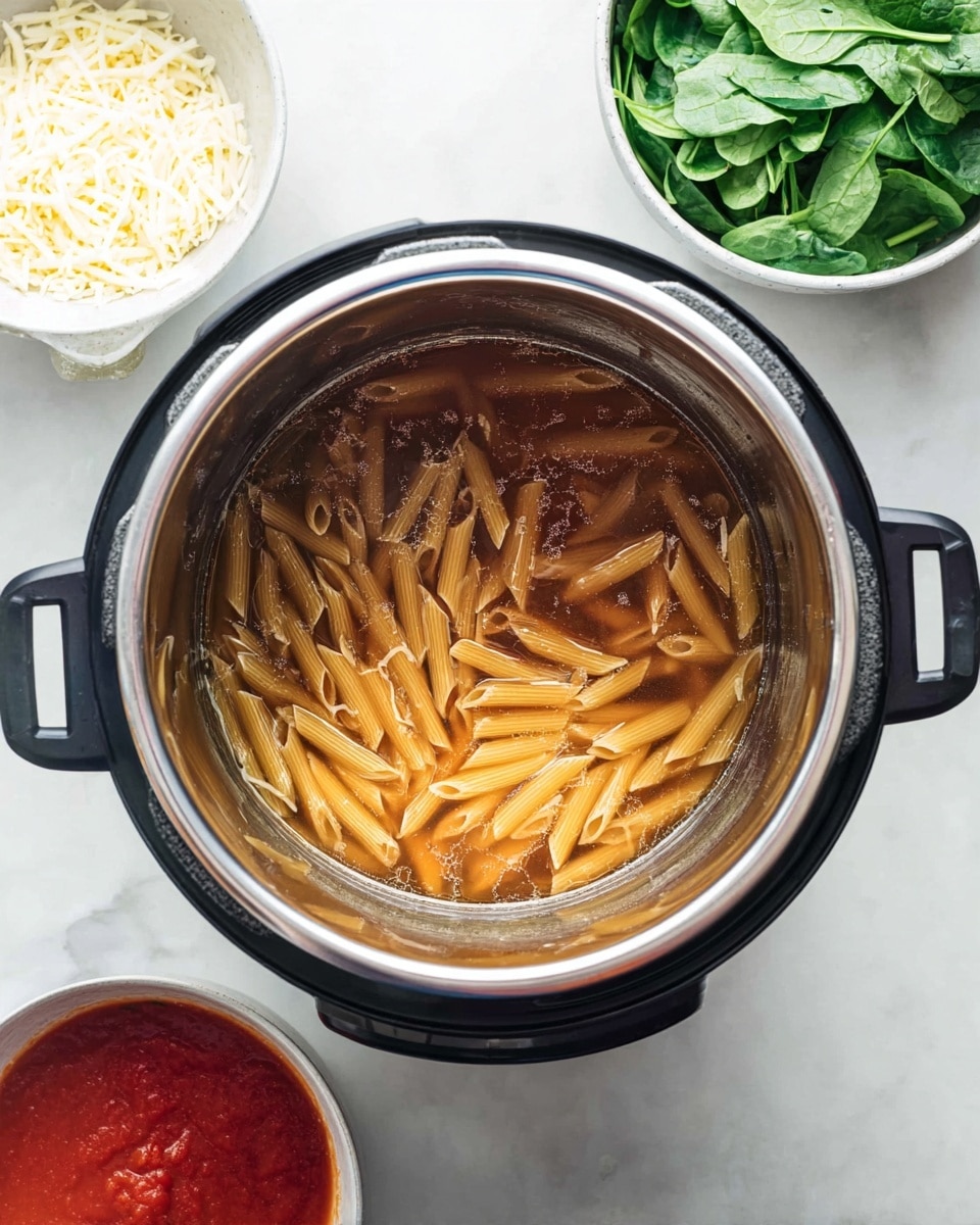 A close-up top view of an instant pot with three layers visible inside: at the bottom is a light brown clear broth, followed by a layer of dark brown penne pasta arranged loosely, and the surface layer shows a few small bubbles. Next to the instant pot are three bowls placed on a white marbled surface: one bowl with fresh green spinach leaves, another with shredded white cheese, and the last containing bright red tomato sauce. The scene is bright and clean. photo taken with an iphone --ar 4:5 --v 7