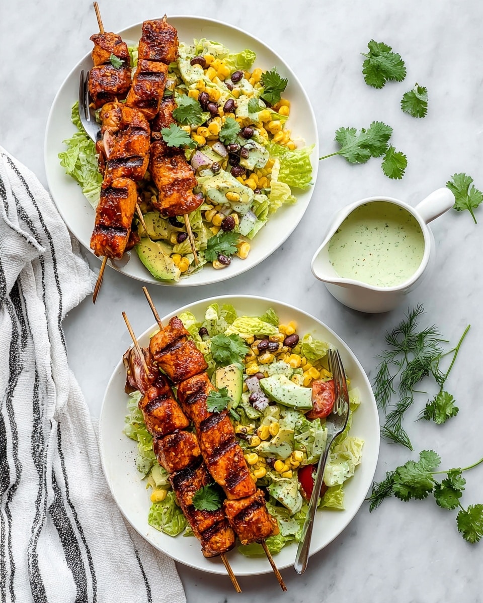 A white round plate on a white marbled surface holds two skewers of grilled salmon, each skewer with four orange-glazed salmon pieces showing grill marks and small charred spots, garnished with green cilantro leaves on top. Next to the salmon skewers is a colorful salad made of bright green chopped lettuce, yellow grilled corn pieces, red tomato slices, black beans, and small avocado chunks, all mixed with a light creamy dressing with visible black pepper sprinkled on top. A silver fork rests on the left edge of the plate partially in the salad. In the background, there is a white bowl with a similar salad and a white cup with a green drink. Photo taken with an iphone --ar 4:5 --v 7