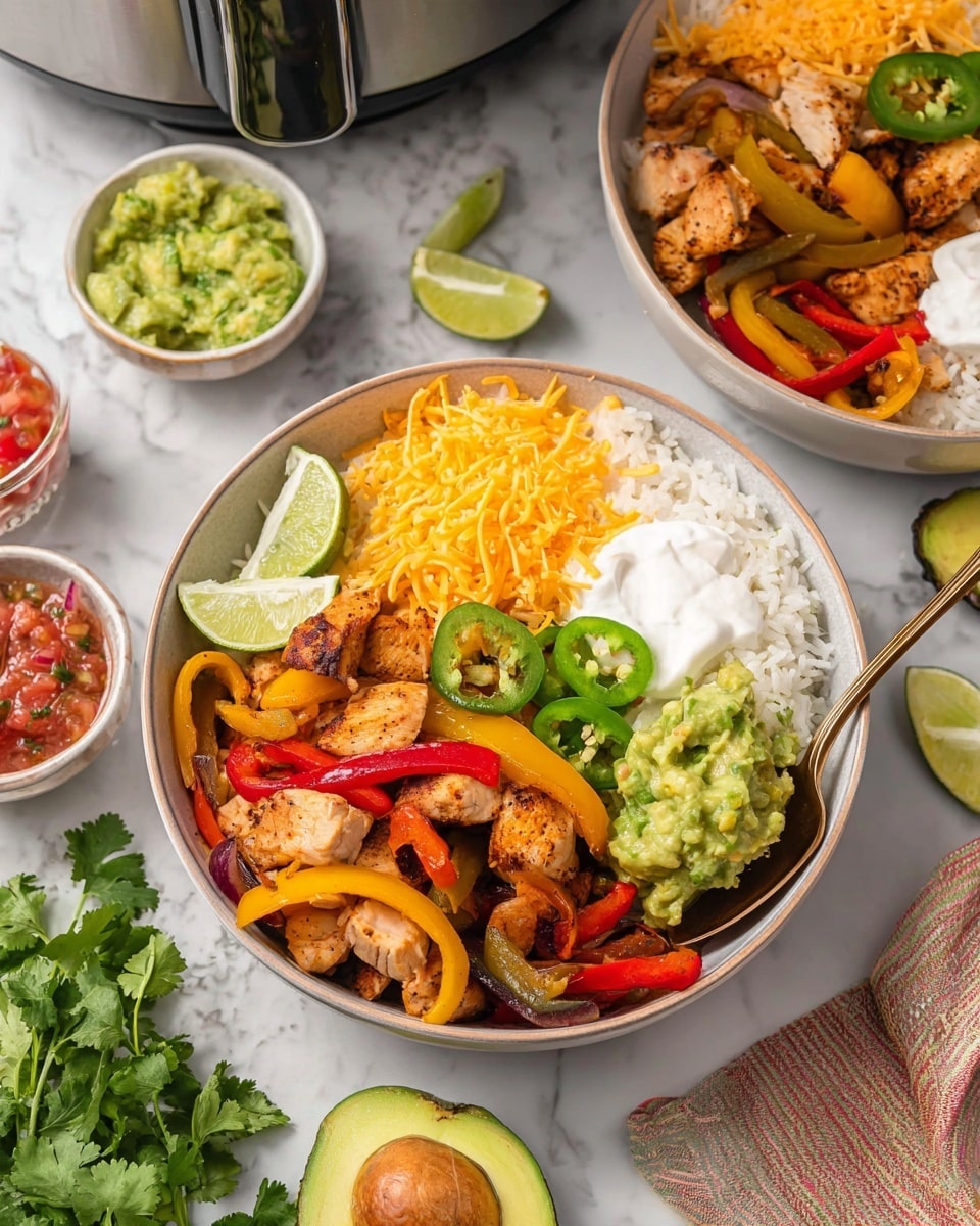 A close-up view of a white bowl layered with fluffy white rice at the bottom, topped with grilled chicken pieces and strips of red and yellow bell peppers mixed with chopped cilantro. On top of the chicken, there are three slices of fresh green jalapeño pepper. On one side of the bowl, there are bright green guacamole and red salsa made of diced tomatoes, onions, and green peppers. Next to the salsa is a heap of yellow shredded cheese and a dollop of white sour cream. A half lime wedge rests near the center, and a copper-colored fork held by a woman's hand is seen picking up a piece of red bell pepper. The bowl sits on a white marbled surface. Photo taken with an iphone --ar 4:5 --v 7