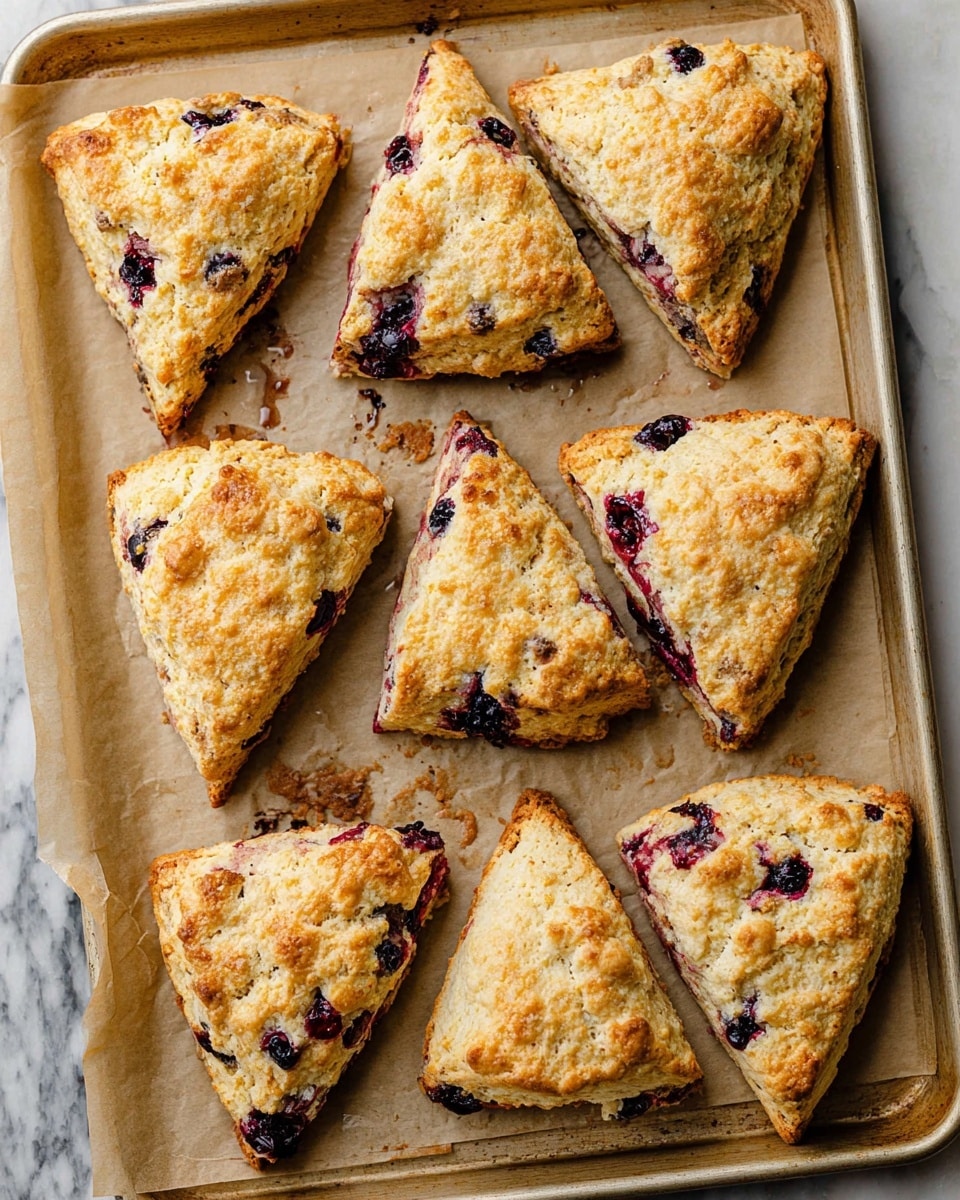 The image shows eight triangular scones with a golden-brown rough top layer that has small lumps and cracks. Each scone has dark purple-blue berries spread inside, visible in the middle and near the edges, with some juice stains on the light beige crumb. The scones are arranged irregularly on a baking tray lined with light brown parchment paper that has some scattered crumbs and dark spots. The tray sits on a white marbled surface. The overall look is warm and fresh with a crumbly texture photo taken with an iphone --ar 4:5 --v 7
