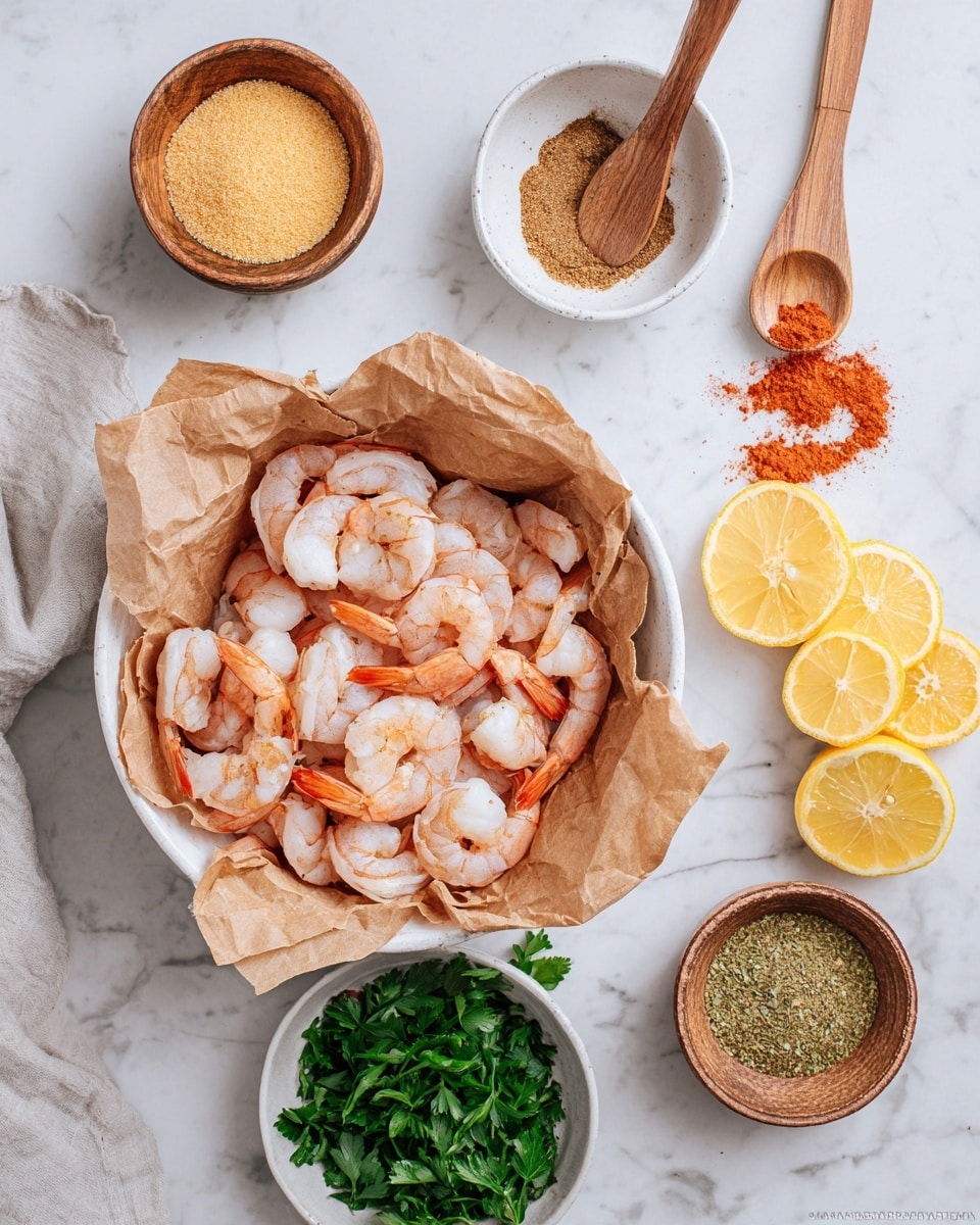 A large white bowl filled with pink and white shrimp with orange tails, lined with crinkled brown parchment paper inside. Above it, four small round bowls and a wooden spoon are scattered on a white marbled surface. The top left wooden bowl contains light tan granules, the larger white bowl in the center holds a brown seasoning with a wooden spoon resting inside, the white bowl below has fresh green parsley leaves, and the bottom right wooden bowl contains a yellow-green spice mix. To the right, three lemon wedges with bright yellow skin and pale yellow flesh are placed on the white marbled texture. A wooden spoon with red spice powder rests nearby. photo taken with an iphone --ar 4:5 --v 7
