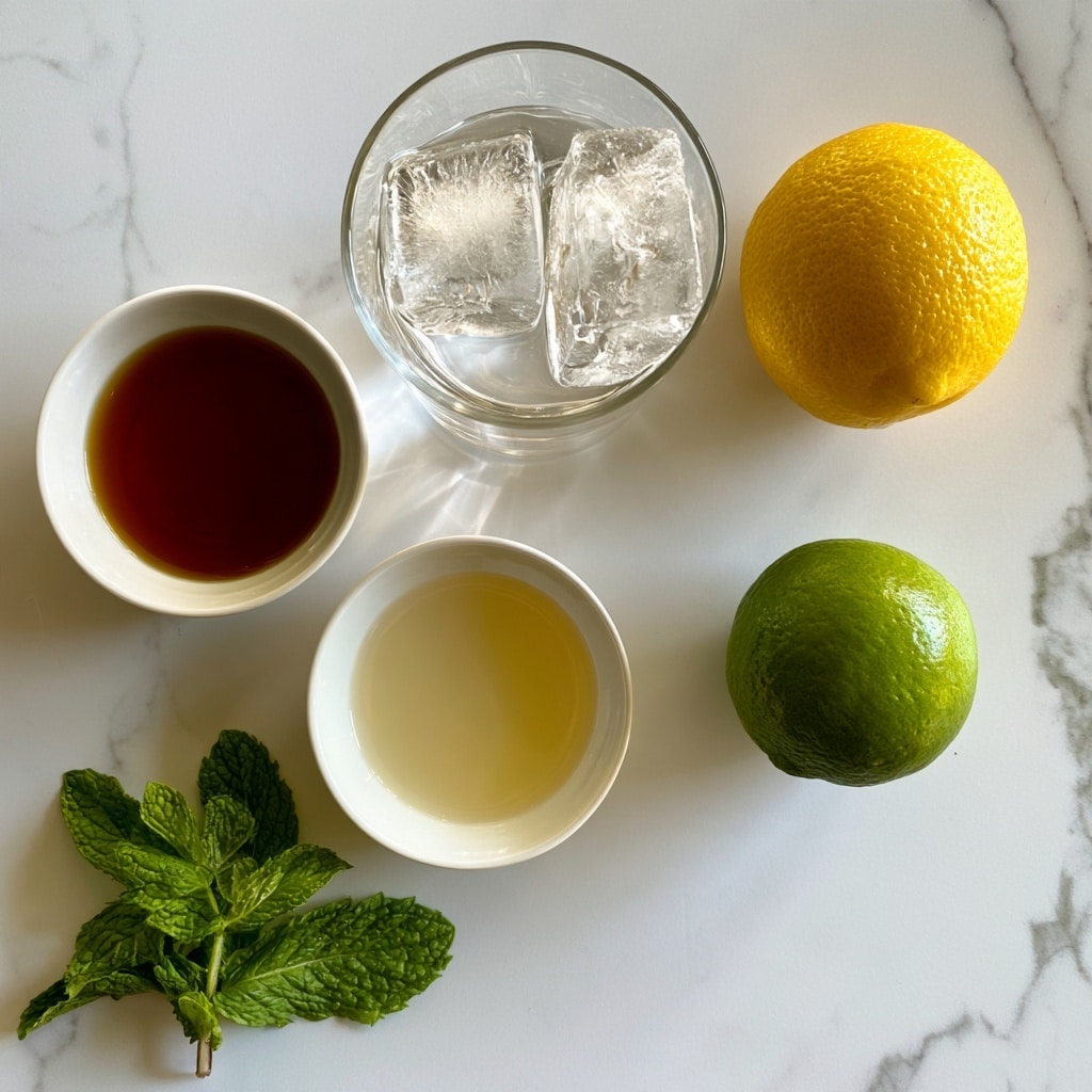 This image shows six items on a white marbled surface: a clear glass with two large, clear ice cubes inside at the top center; a whole yellow lemon to the right of the glass; a small white bowl filled with dark amber maple syrup on the left below the glass; a similar small white bowl with light, translucent orange blossom water below the maple syrup; a bright green lime to the right of the orange blossom water; and a fresh green mint sprig with detailed leaves at the bottom left. Each item is spaced out evenly, and the labels in black cursive script appear next to their respective items. Photo taken with an iphone --ar 4:5 --v 7