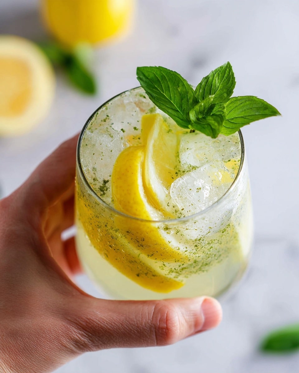 A close-up view of a clear glass filled with a cold lemon drink, showing three layers: at the bottom is a pale yellow liquid with tiny green specks, the middle layer contains several translucent ice cubes, and the top layer is garnished with a bright green sprig of fresh mint leaves. Inside the glass, there are two thin slices of lemon with a vibrant yellow color, placed along the inner edge. A woman's hand holds the glass from the side, and the background features a white marbled texture with blurred lemon and mint leaves adding soft color hints. Photo taken with an iphone --ar 4:5 --v 7