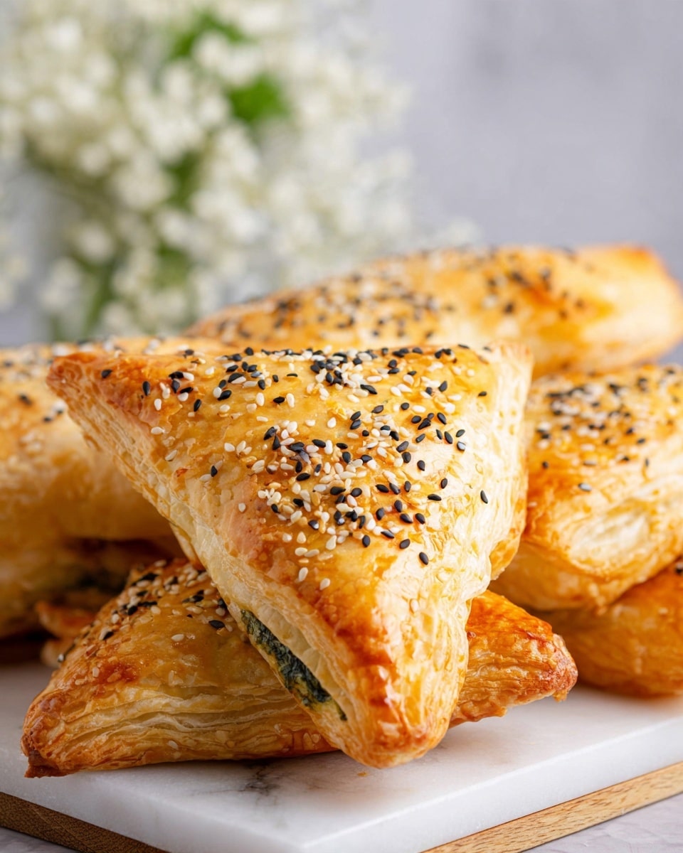 A close-up view of several golden-brown puff pastries stacked on a white marbled surface, each pastry featuring a flaky, layered texture and sprinkled with a mix of white and black sesame seeds and other small grains. One pastry in the front shows a slight glossy finish, indicating an egg wash, with the edges folded neatly to create a triangular shape, while the pastries in the background reveal a glimpse of green spinach filling. A blurred white flower bouquet is seen in the far background, adding a soft touch to the scene. photo taken with an iphone --ar 4:5 --v 7
