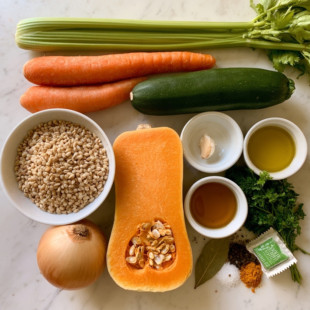 A top view of fresh and dry ingredients arranged on a white marbled surface. On the top, there is a long green celery stalk with leaves on the right, above a bright orange carrot and a dark green zucchini placed side by side. Below them, a white bowl filled with light brown pearl barley is on the left, next to a round light brown onion. In the center, a large piece of bright orange butternut squash with visible seeds is displayed. To the right of the squash, four small white bowls hold a small piece of garlic, light brown vinegar, golden olive oil, and a parsley bunch, arranged around a small pile of bay leaf, black pepper, salt, turmeric, and a green veggie bouillon cube wrapped in paper. The ingredients show fresh textures and earthy colors, creating a natural and healthy feel. Photo taken with an iphone --ar 4:5 --v 7