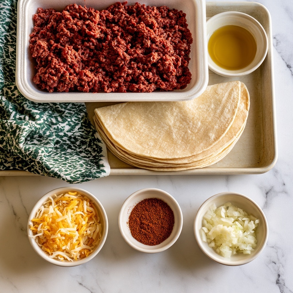 A tray on a white marbled surface holds a white foam container filled with deep red ground beef at the top. Next to it on the right side is a small white bowl with golden oil. Below, a stack of light beige tortillas partly covered with a green and white patterned cloth sits on the tray. In front of the tray, three small white bowls are arranged on the white marbled surface: one on the left filled with mixed yellow and white shredded cheese, one in the center with reddish-brown taco seasoning, and one on the right with finely chopped white onions. Photo taken with an iphone --ar 4:5 --v 7