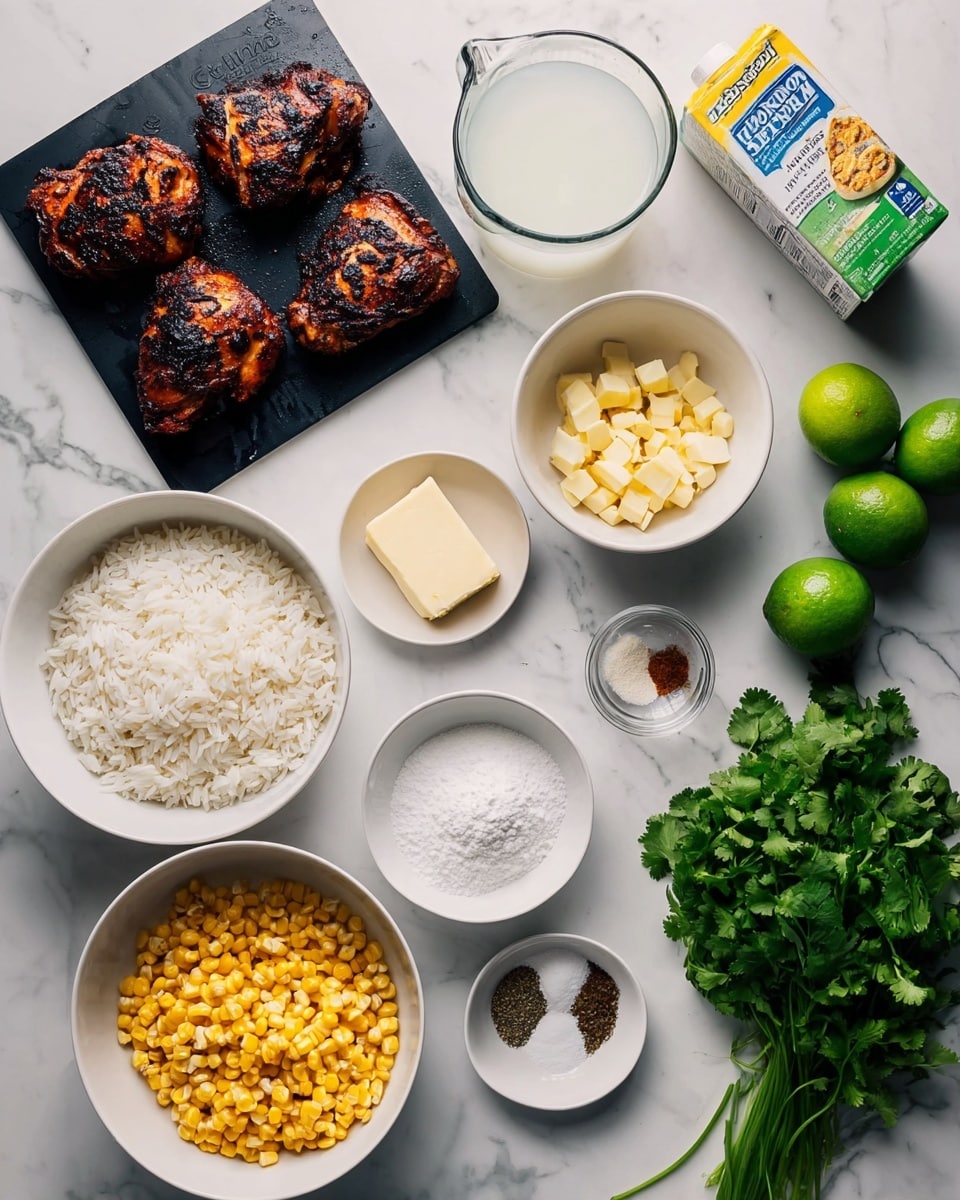The image shows ingredients neatly arranged on a white marbled surface. There are five pieces of grilled chicken with a dark, charred exterior placed on a black cutting board at the top left. Surrounding them are several white bowls: one filled with fluffy cooked white rice at the bottom left, another with yellow corn kernels beside it, a small bowl with white flour, another with two pieces of butter, a bowl of minced garlic, and a small dish holding salt, black pepper, and a tan powdered spice. A white bowl at the top center holds a white, finely grated ingredient. There are two fresh green limes and a bunch of fresh cilantro on the right side, near a carton of chicken broth and a glass measuring cup filled with a white liquid. Photo taken with an iphone --ar 4:5 --v 7