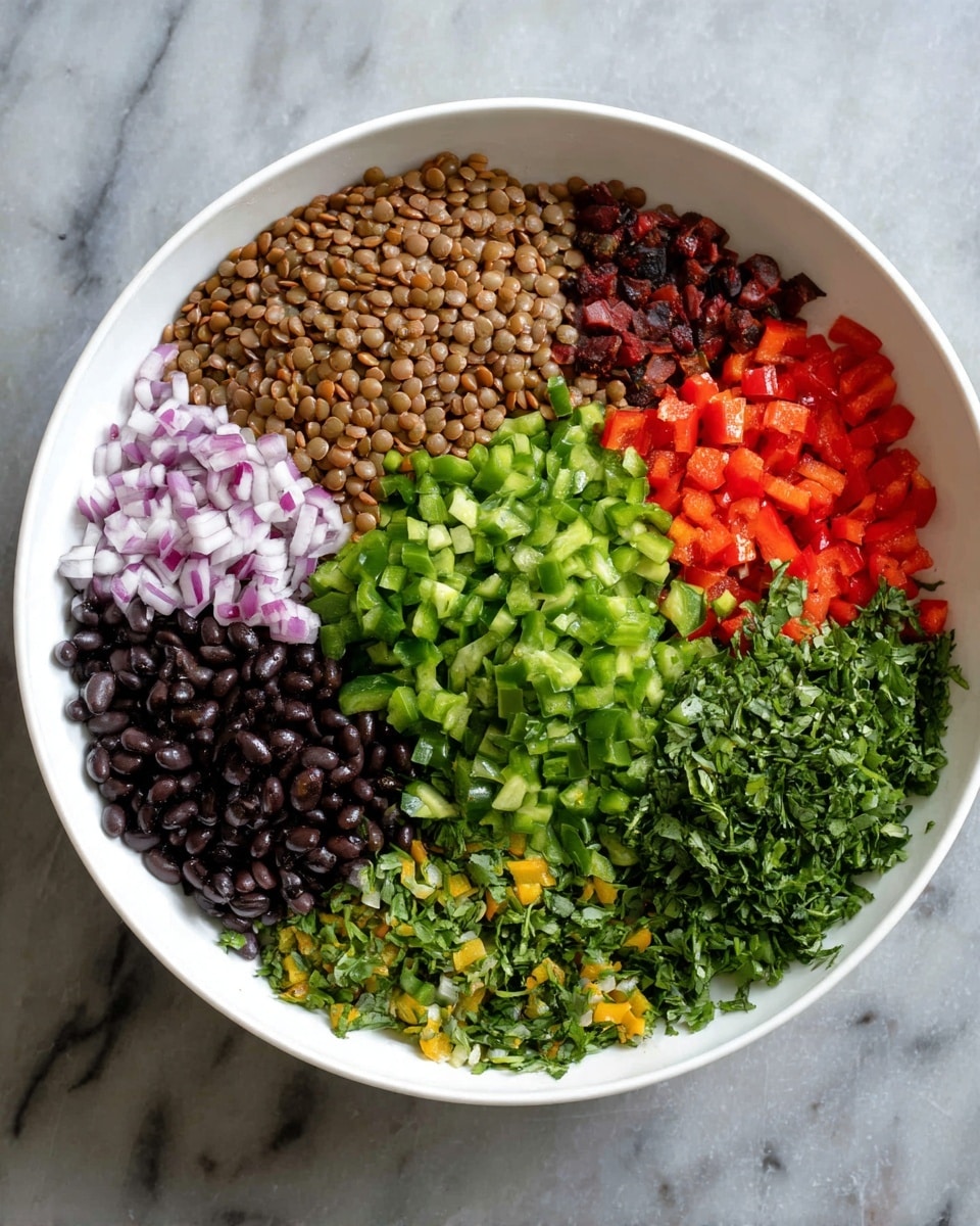 A large white bowl holds seven different layers of ingredients arranged in sections. At the top center is a layer of small brown lentils with a smooth texture. To the right is a layer of bright green diced bell peppers, followed by a section of darker red diced bell peppers below it. On the bottom right is a pile of dark green chopped fresh herbs, while at the bottom left is a section of shiny black beans. Above the beans on the left side are small pieces of diced red onion, and next to the lentils in the middle is a mix of finely chopped green herbs and some yellow-green chopped peppers. The bowl sits on a white marbled surface. Photo taken with an iphone --ar 4:5 --v 7