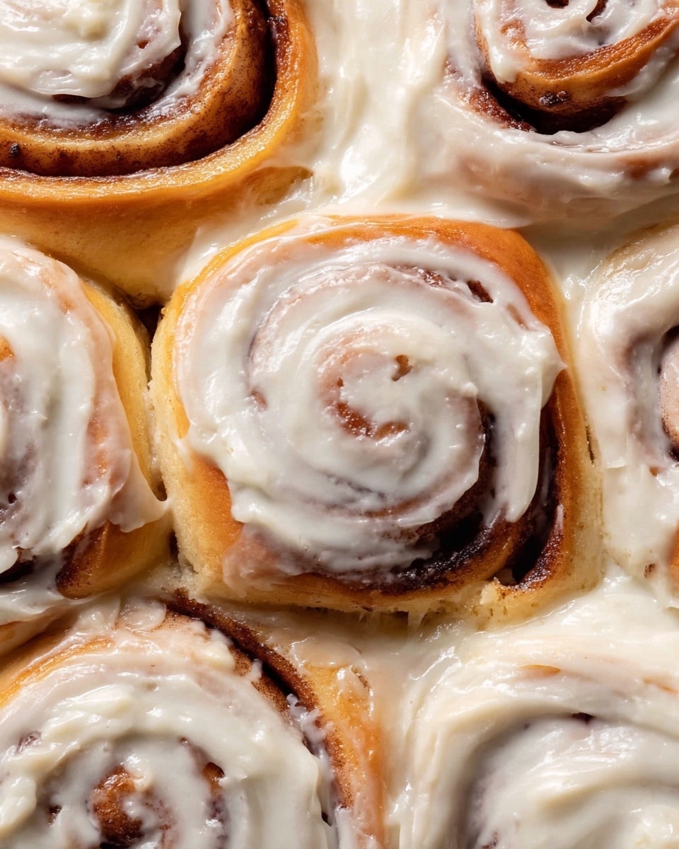 A white rectangular baking dish holds twelve cinnamon rolls arranged in a 4 by 3 grid. Each roll has a visible swirl pattern with a cinnamon-brown center and a golden dough base layer. A smooth white icing layer generously covers the top of each roll, slightly melting into the soft dough. The dish is placed on a dark wooden surface with cinnamon sticks on the sides, and a beige cloth partially visible at the bottom left corner. The scene is well-lit, capturing the warm and inviting texture of the rolls. Photo taken with an iphone --ar 4:5 --v 7