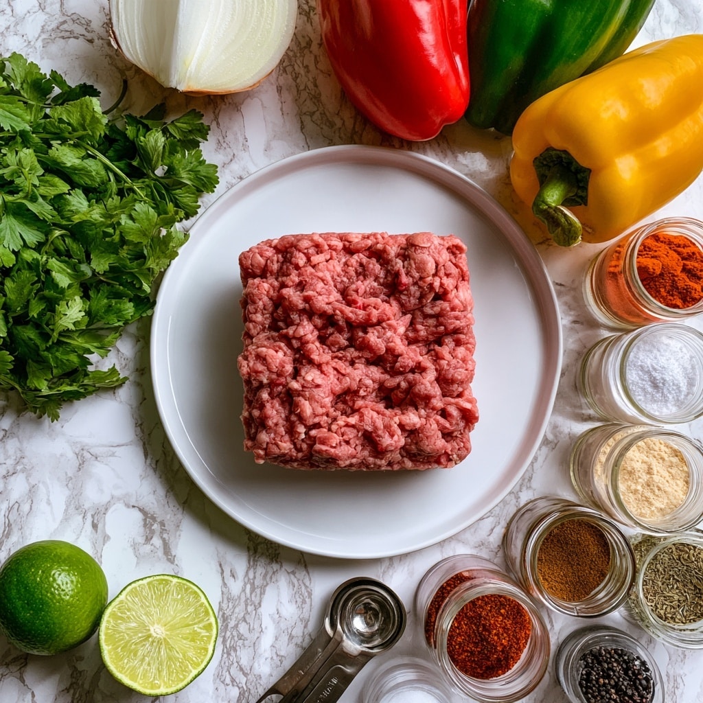 A square block of pink ground beef rests in the center of a round white plate, placed on a surface with a white marbled texture. Around the plate, there are fresh green cilantro sprigs to the left and three whole bell peppers in red, green, and yellow colors to the upper right. A halved onion with white inside is placed near the top left. At the bottom left, two limes, one whole and one halved, sit on the marbled surface. Scattered around are glass jars and shakers filled with reddish-brown chili powder, orange smoked paprika, white onion powder, light beige garlic powder, brown cumin, and dried oregano. Two small silver measuring spoons and salt and black pepper shakers complete the arrangement. The photo taken with an iphone --ar 4:5 --v 7