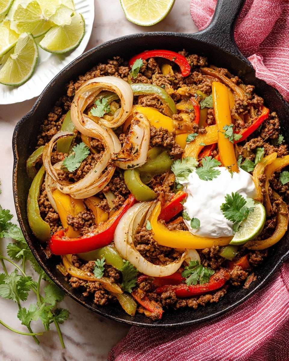 The image shows a cast iron skillet filled with layers of cooked ground meat, with large slices of red, yellow, and green bell peppers, and thick rings of grilled onion on top. The vegetables have a slight char and look tender, spread unevenly with some overlapping the meat. Fresh cilantro leaves are scattered across the whole dish, adding a touch of green. A generous dollop of white sour cream is placed near the center. Next to the skillet, a white plate with halved limes sits on a white marbled surface, with a pink and white striped cloth partially visible nearby. photo taken with an iphone --ar 4:5 --v 7
