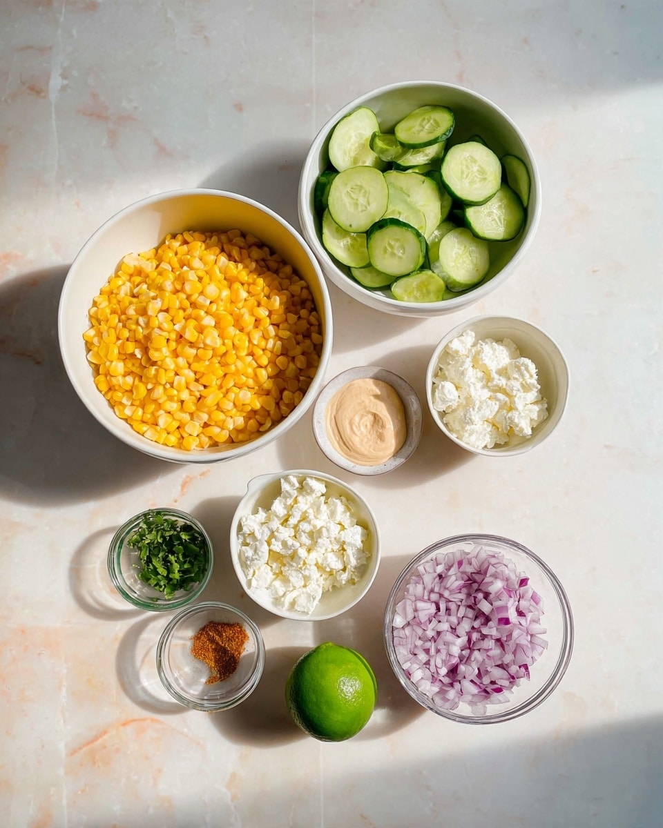 The image shows several white bowls and one clear small glass bowl placed on a white marbled surface. The largest white bowl is filled with bright yellow corn kernels. Next to it, a medium white bowl contains thinly sliced light green cucumbers. Below them, there is a small white bowl with white crumbly cheese, a small white bowl with chopped green herbs, and another small white bowl holding reddish-brown spice powder. A clear glass bowl contains a pale beige paste, and nearby is a whole green lime. At the bottom, a small white bowl is filled with finely chopped purple onions. The lighting casts soft shadows, creating a fresh and colorful arrangement. photo taken with an iphone --ar 4:5 --v 7