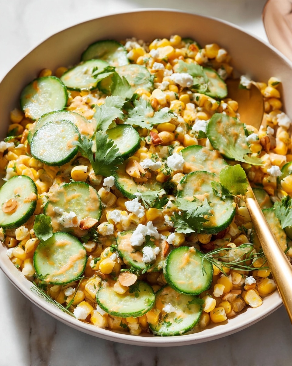 The image shows a close-up of a bowl filled with a layered salad. The bottom layer is made of bright yellow corn kernels mixed with small green chopped herbs and bits of toasted nuts, creating a textured base. On top, there are thinly sliced cucumber rounds that are light green with darker green edges, lightly coated in a creamy sauce with a slight orange tint. Scattered over the salad are small crumbles of white cheese and some sprigs of fresh green cilantro for color. The bowl is white and sits on a white marbled surface. A gold spoon rests inside the bowl, partially buried in the salad. Photo taken with an iphone --ar 4:5 --v 7
