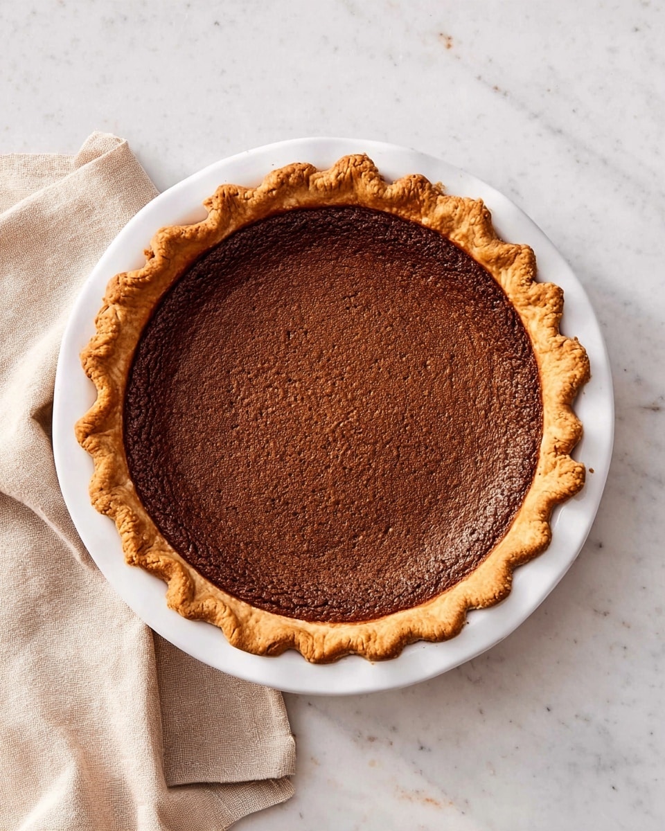 The image shows a round pie with one visible layer, placed on a white plate. The pie has a golden-brown crust with crimped edges forming a wavy border around the filling. The filling is dark brown, smooth, and slightly cracked on top, covering the entire inside area within the crust. The plate sits on a white marbled surface with a beige cloth napkin on the left side. The scene is well-lit with soft, natural light, highlighting the textures and colors clearly. photo taken with an iphone --ar 4:5 --v 7