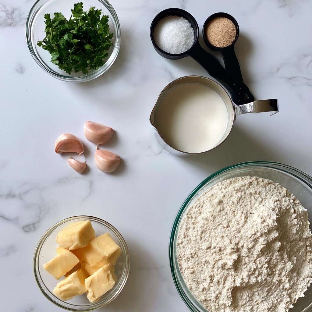 The image shows ingredients arranged on a white marbled surface. At the top left is a small clear glass bowl with green parsley leaves. To the right are two black measuring spoons, one filled with white sea salt and the other with light brown yeast. Below them is a silver metal measuring cup filled with white vegan buttermilk. In the center left, there are three light pink garlic cloves scattered loosely. At the bottom left in a small clear glass bowl are several chunks of yellow vegan butter. At the bottom right, a large clear glass bowl holds white self rising flour. The ingredients are spaced out neatly with simple lighting. photo taken with an iphone --ar 4:5 --v 7