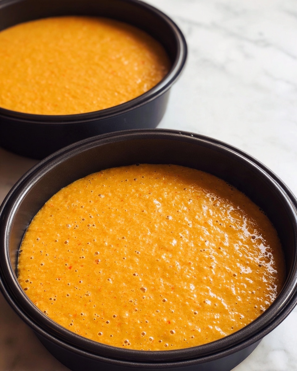 Two black baking pans filled with a smooth, orange batter that has small bubbles on the surface. The batter is even and thick, filling most of the pans. The pans are placed on a white marbled surface, and the image focuses closely on the batter texture and pans' edges. photo taken with an iphone --ar 4:5 --v 7