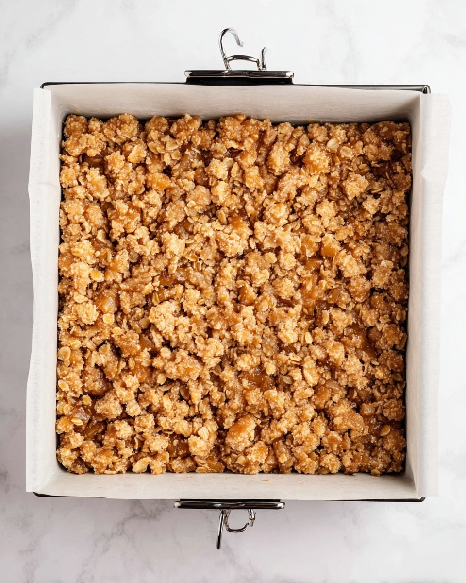 A white baking pan lined with white parchment paper holds a single-layer dessert bar with a crumbly oat topping. The top is golden brown, textured with uneven clusters of oats and small crumbles, giving a rough, crunchy appearance. The oat layer covers the entire surface, showing small bits of what looks like a soft, slightly shiny fruit filling underneath, especially near the edges where the crumbs are lighter. The pan is secured with black metal clips on the sides and bottom, resting on a white marbled surface. photo taken with an iphone --ar 4:5 --v 7