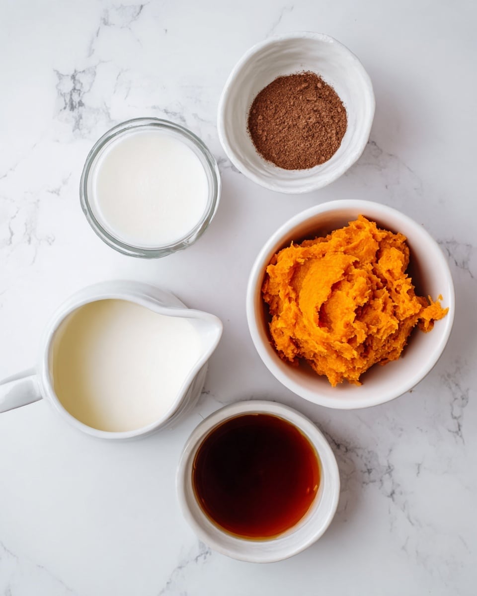 The image shows five white containers on a white marbled surface, each holding different ingredients: an orange mashed substance in the bowl on the right, a small bowl with brown powdered spice above it, a glass jug with white liquid to the left, a white pitcher with a creamy liquid below the jug, and a small bowl of dark amber liquid at the bottom right, all arranged neatly with visible texture differences. Photo taken with an iphone --ar 4:5 --v 7