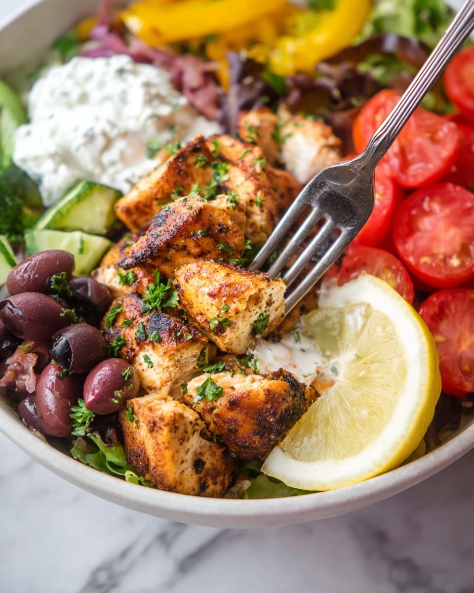 A white bowl sits on a white marbled surface, filled with several layers: the bottom has chopped dark purple olives mixed with green and red leafy bits, on top are grilled golden brown chicken pieces sprinkled with small green herbs. To the right, there are fresh red tomato slices, a white creamy dollop, and a lemon wedge with a visible yellow rind and light yellow inner flesh. A close-up silver fork pierces one grilled chicken piece, and the background shows blurred red and yellow vegetables on a white marbled table. Photo taken with an iphone --ar 4:5 --v 7